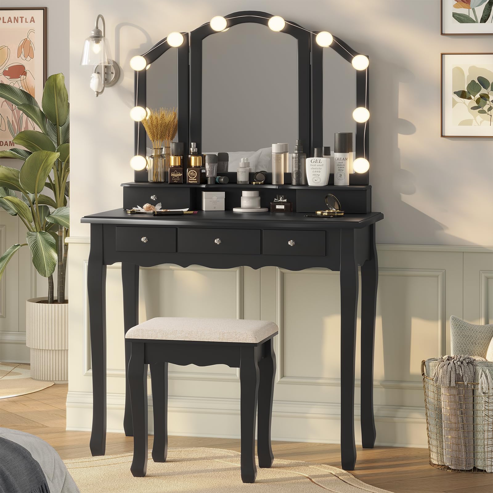 Tiptiper Vanity Desk with Lighted Tri-Fold Mirror & Stool - 5 Drawers Makeup Vanity Set, 3 Light Settings & Adjustable Brightness, Black - Perfect for Bedroom, Dressing Room & Beauty Salon Makeup Application