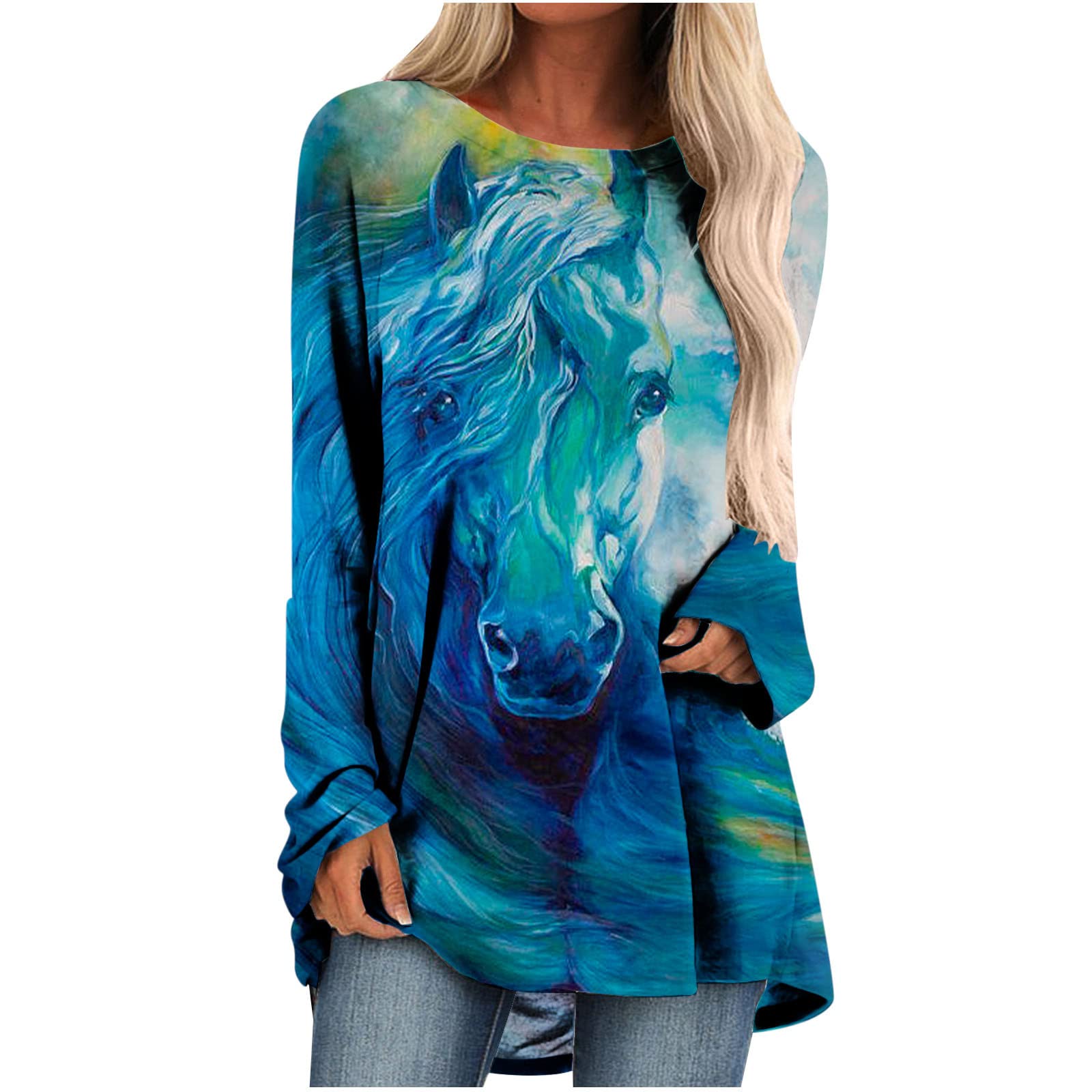 Women's Spring Long Sleeve T-Shirts - Fashion Animal Print Blouses, Loose Fit Comfy Pullover Tops for Casual Wear, Work & Date Nights