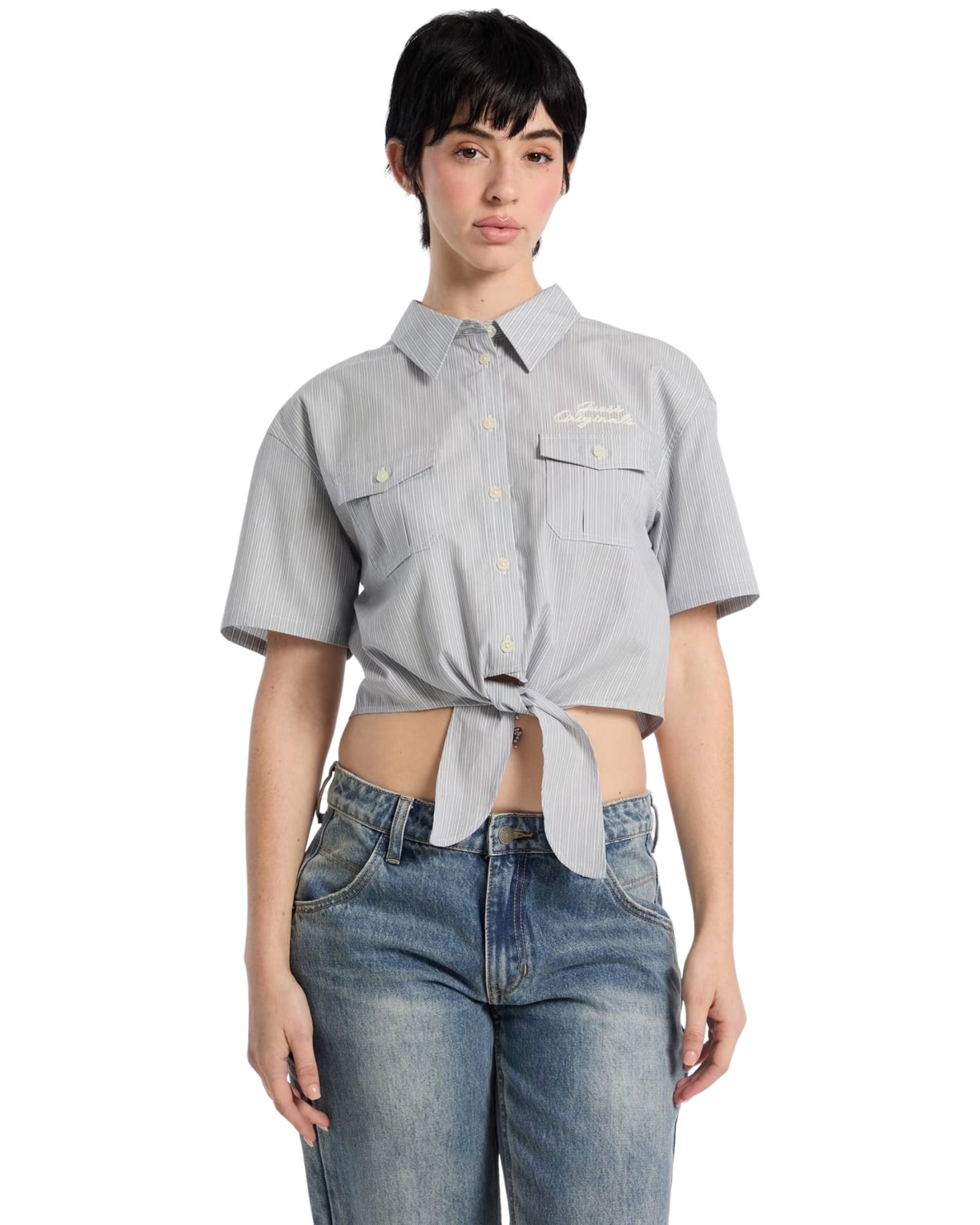 GUESS Originals Women's Workwear Tie Front Top - Stylish Casual Blouse for Work, Office, and Everyday Wear