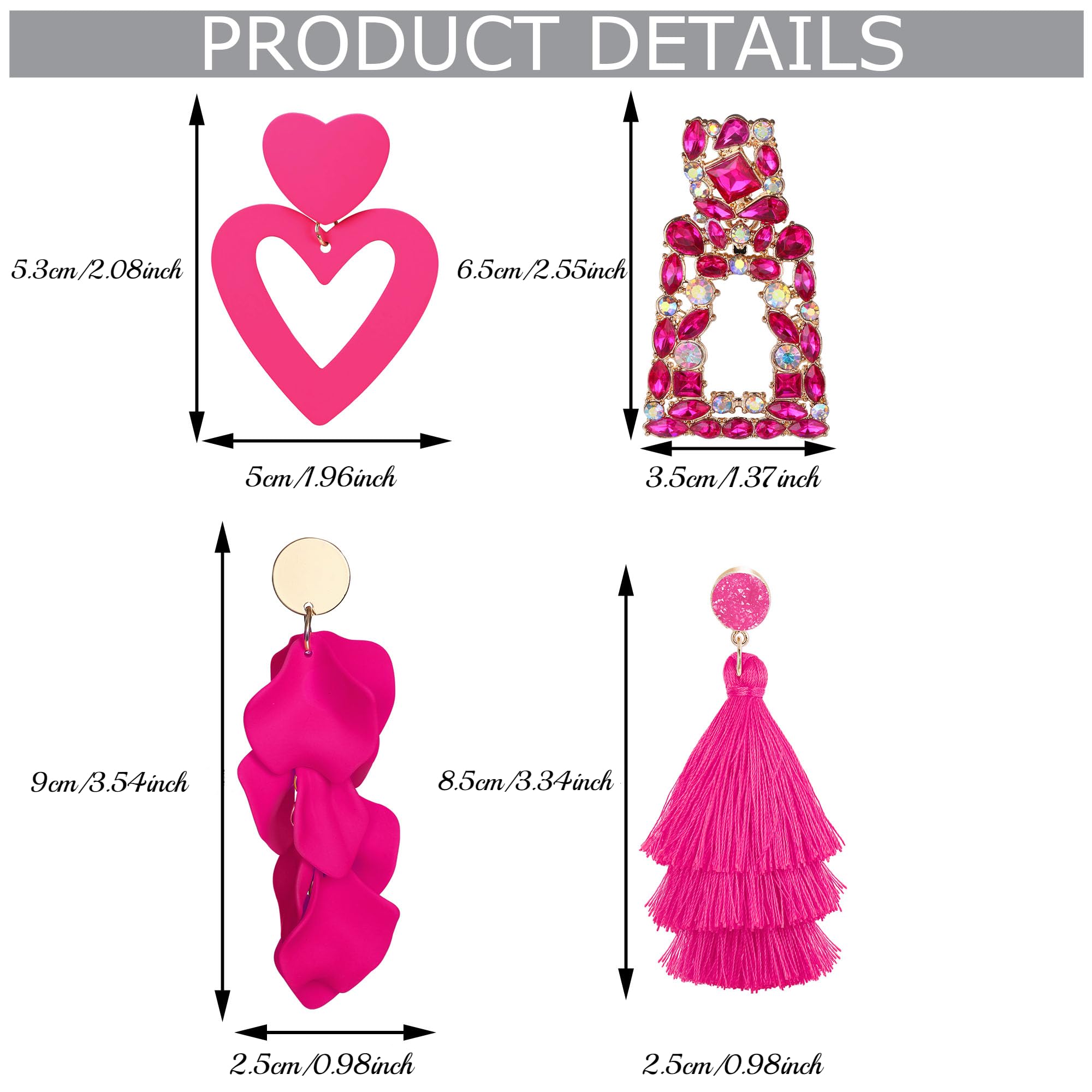 Subiceto 4 Pairs Non-Piercing Clip Earrings for Women - Hot Pink Heart Dangle Drop Earrings with Rhinestones, Geometric Statement & Rose Petal Tassel Designs - Perfect for Parties, Weddings and Everyday Fashion Accessories