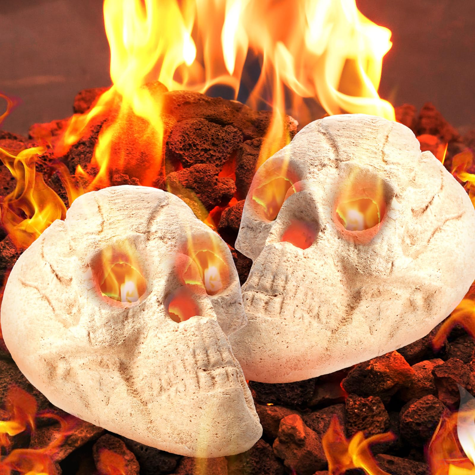 2 Pack Halloween Fire Pit Skulls - 8.7 Inch Fireproof Ceramic Skull Decorations for Campfire, Fireplace & Bonfire - Realistic Fake Logs for Gas/Propane/Wood Fires - Perfect for Halloween Party, Outdoor Gatherings & Spooky Decor (White)