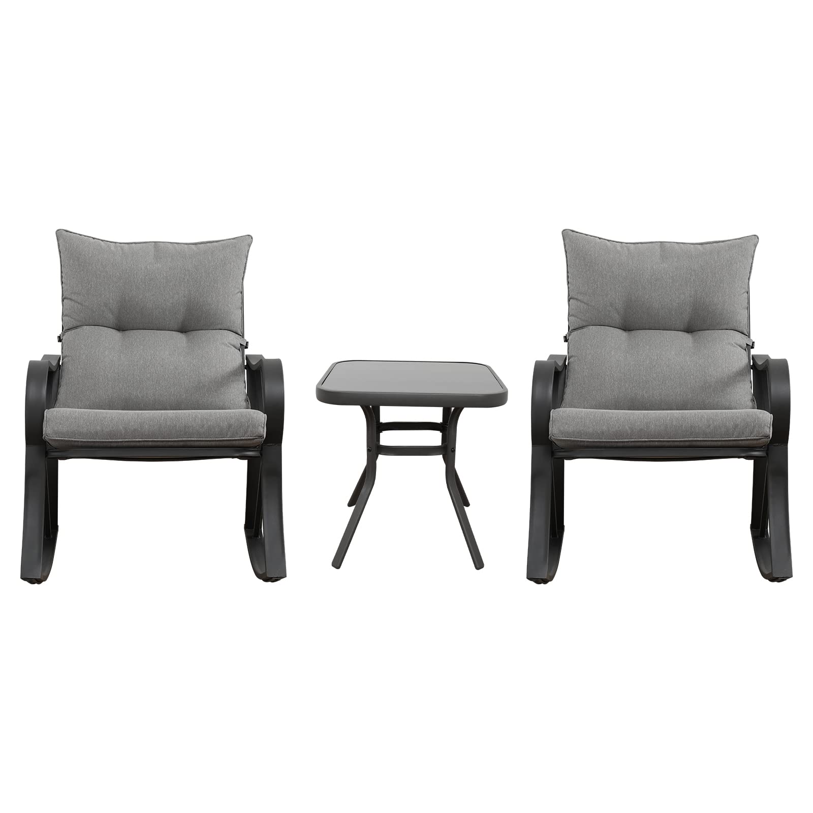 AQUILLA 3-Piece Outdoor Patio Rocking Set with Metal Frame & Tempered Glass Table - Light Gray Cushioned Bistro Set for Garden, Backyard, Porch - Perfect for Relaxing, Entertaining & Outdoor Dining