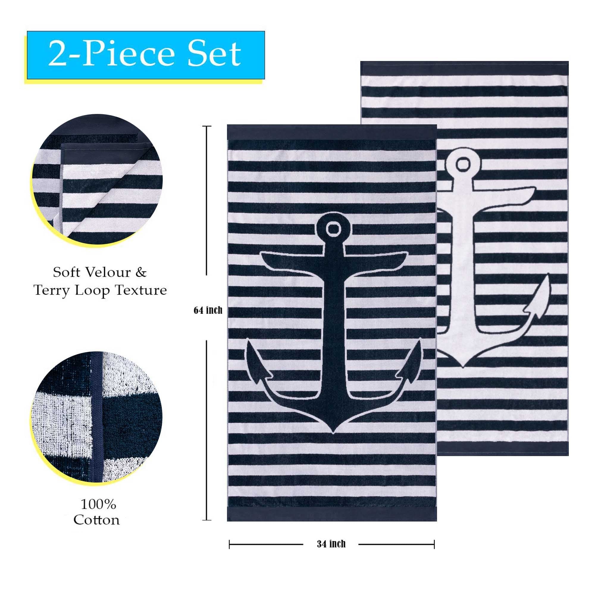 Luxury Yacht Club Egyptian Cotton Oversized 4-Piece Beach Towel Set - Ultra Soft & Absorbent Bath Towels for Pool, Spa, Beach & Vacation Use