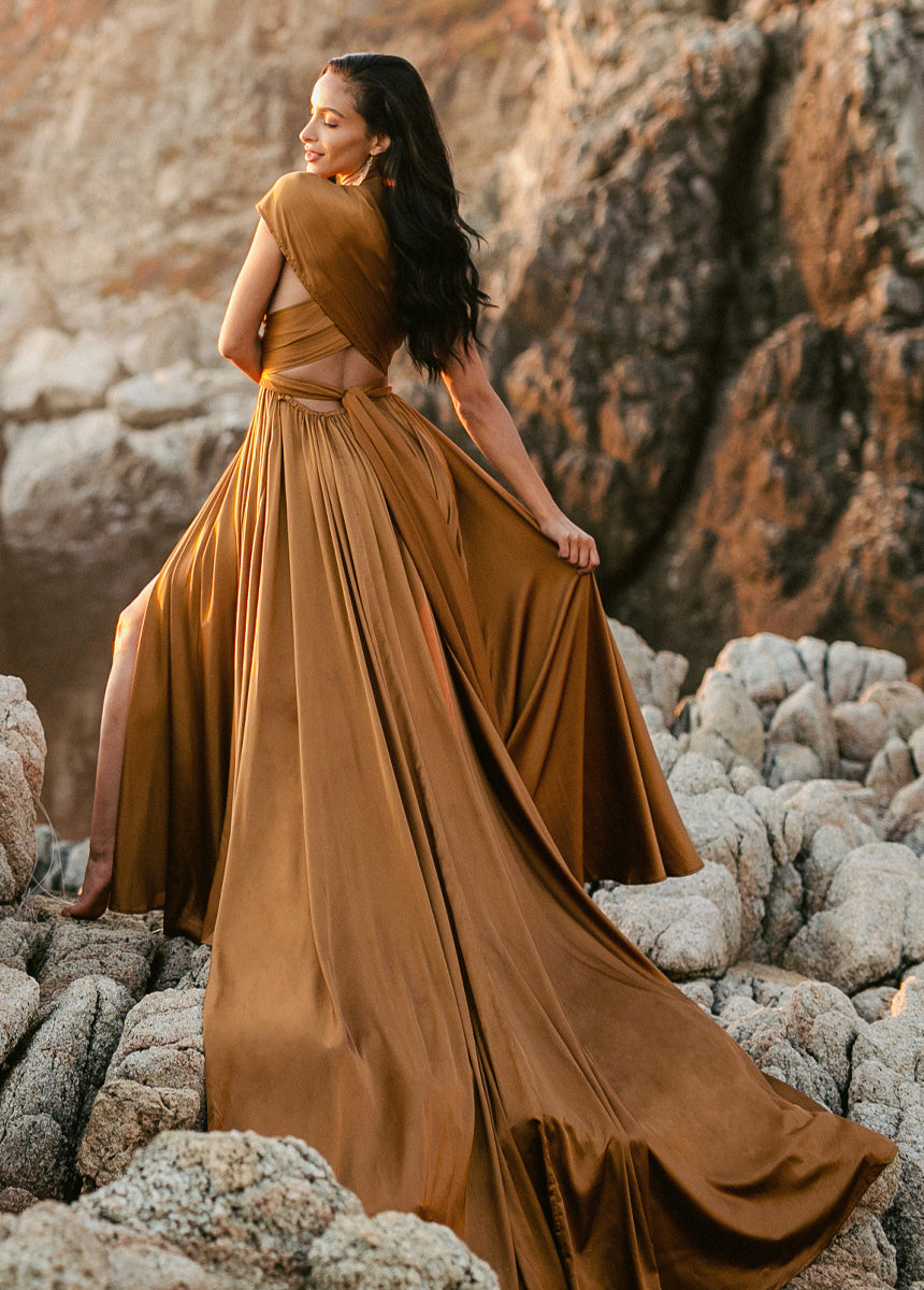 June Impact Dress in Dark Honey - Elegant Flowy Midi Dress for Women, Perfect for Summer Weddings, Parties & Date Nights