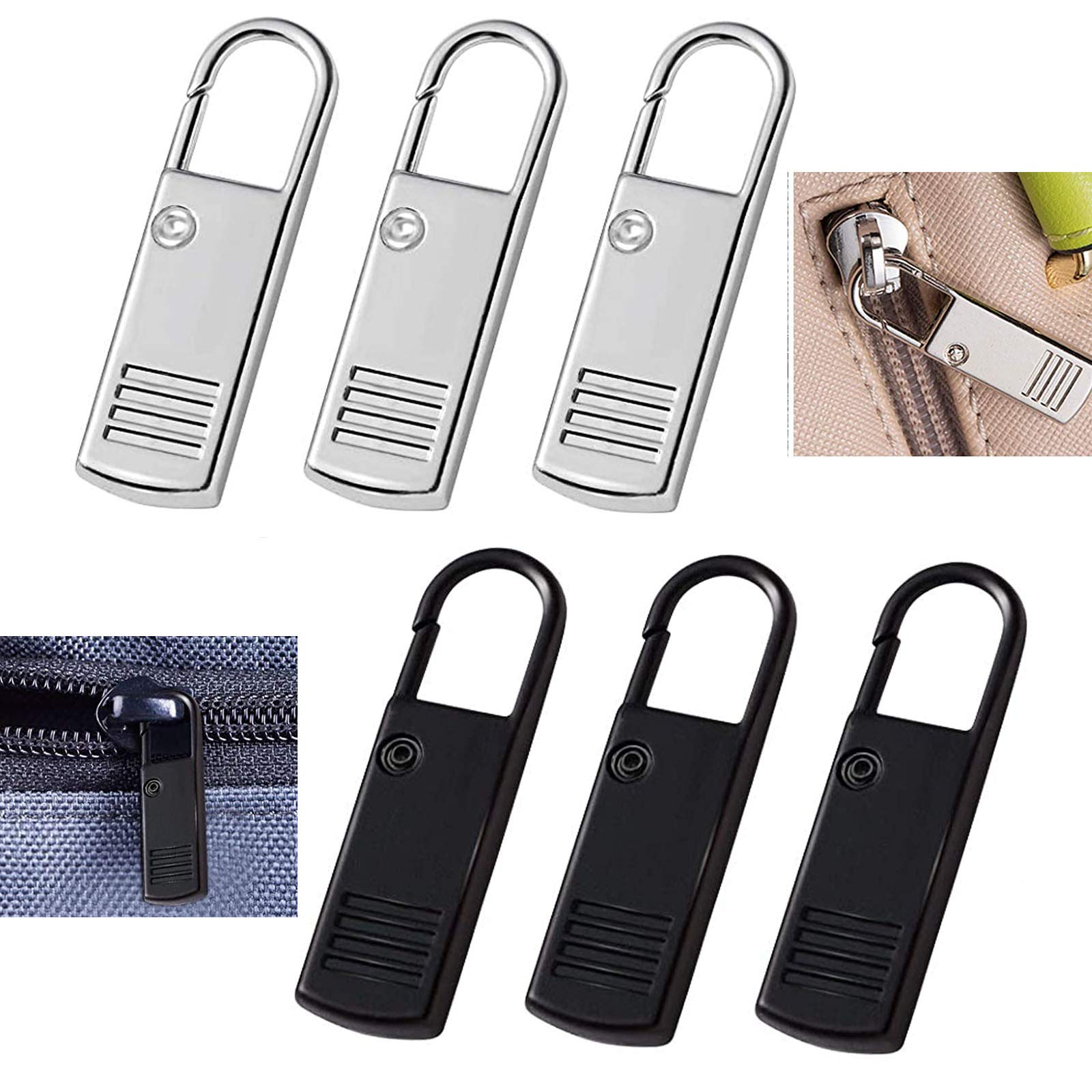 Metal Zipper Pulls Replacement (6 Pack) - Durable Zipper Tab Handles for Luggage, Suitcases, Jackets & Boots - Black & Silver - Fix Broken Zippers & Extend Grip for Easy Opening