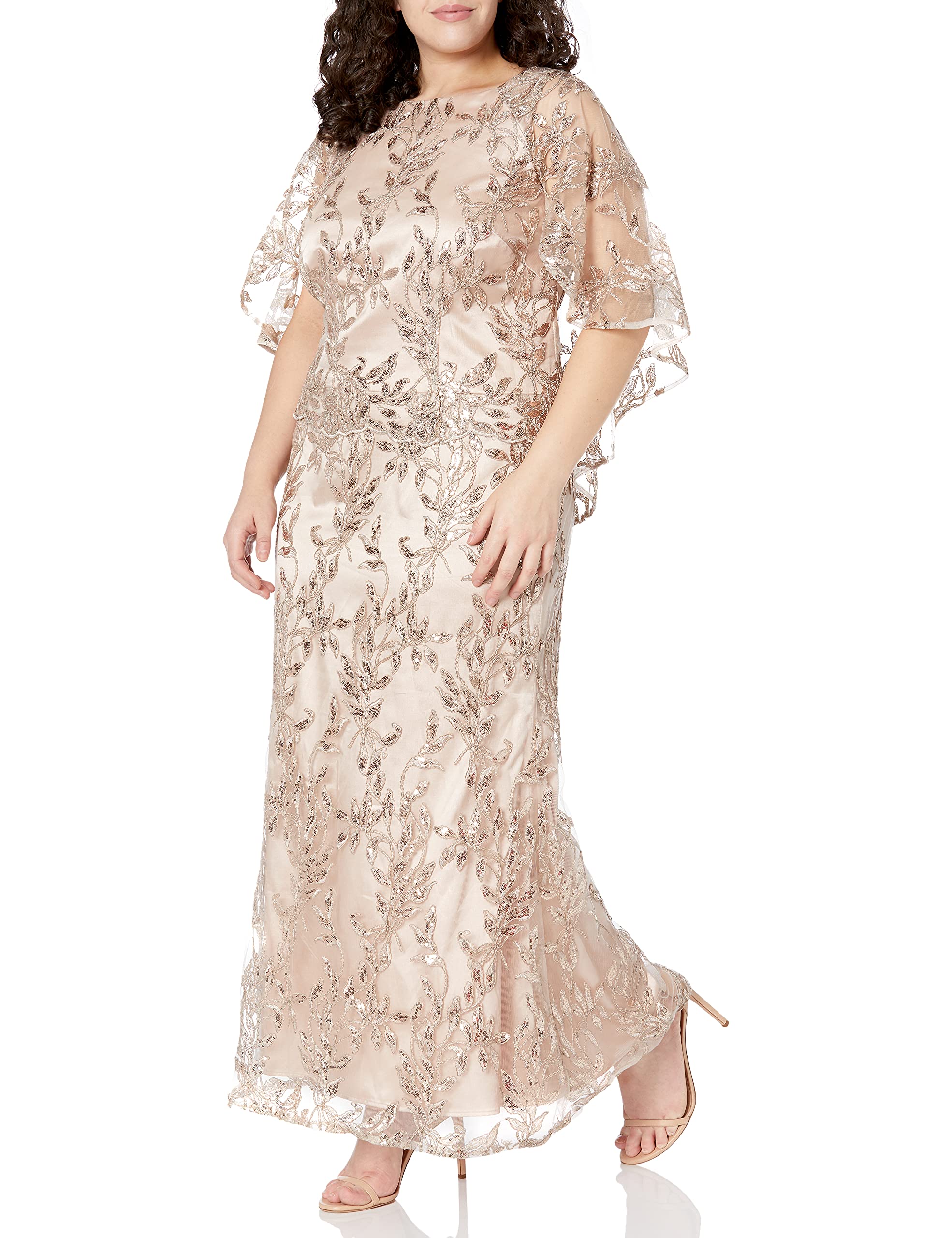 Brianna Women's Embellished Sequin Gown with Capelet Top - Elegant Evening Dress for Prom, Wedding & Special Occasions