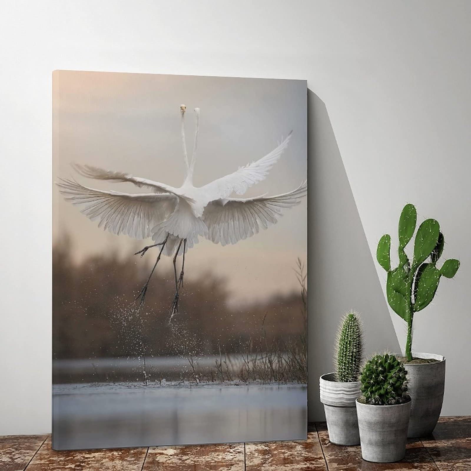 Wild Animals Great Egret Dancing Canvas Wall Art Print - 24x36 Inch Nature Landscape Painting for Living Room, Bedroom & Office Decor | Perfect Gift for Home & Office Decoration | Enhance Your Space with Stunning Wildlife Art