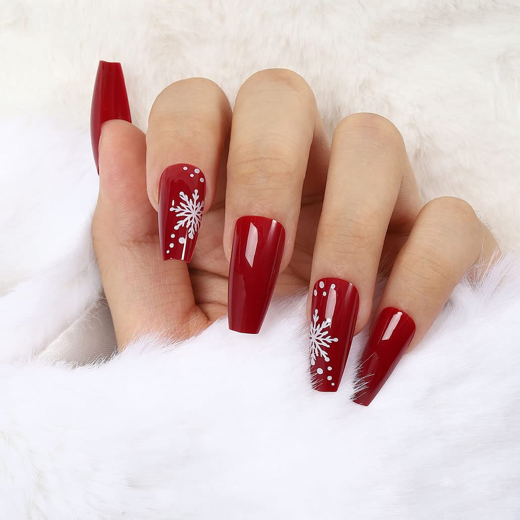Uranian Christmas Press on Nails - 24pcs Long Red Coffin Fake Nails with Snowflake, Stripes & Glitter Designs | Glossy Santa Claus & Elk French Tip Acrylic Nails for Women & Girls | Perfect for Holiday Parties, Gift Giving & Festive Nail Art