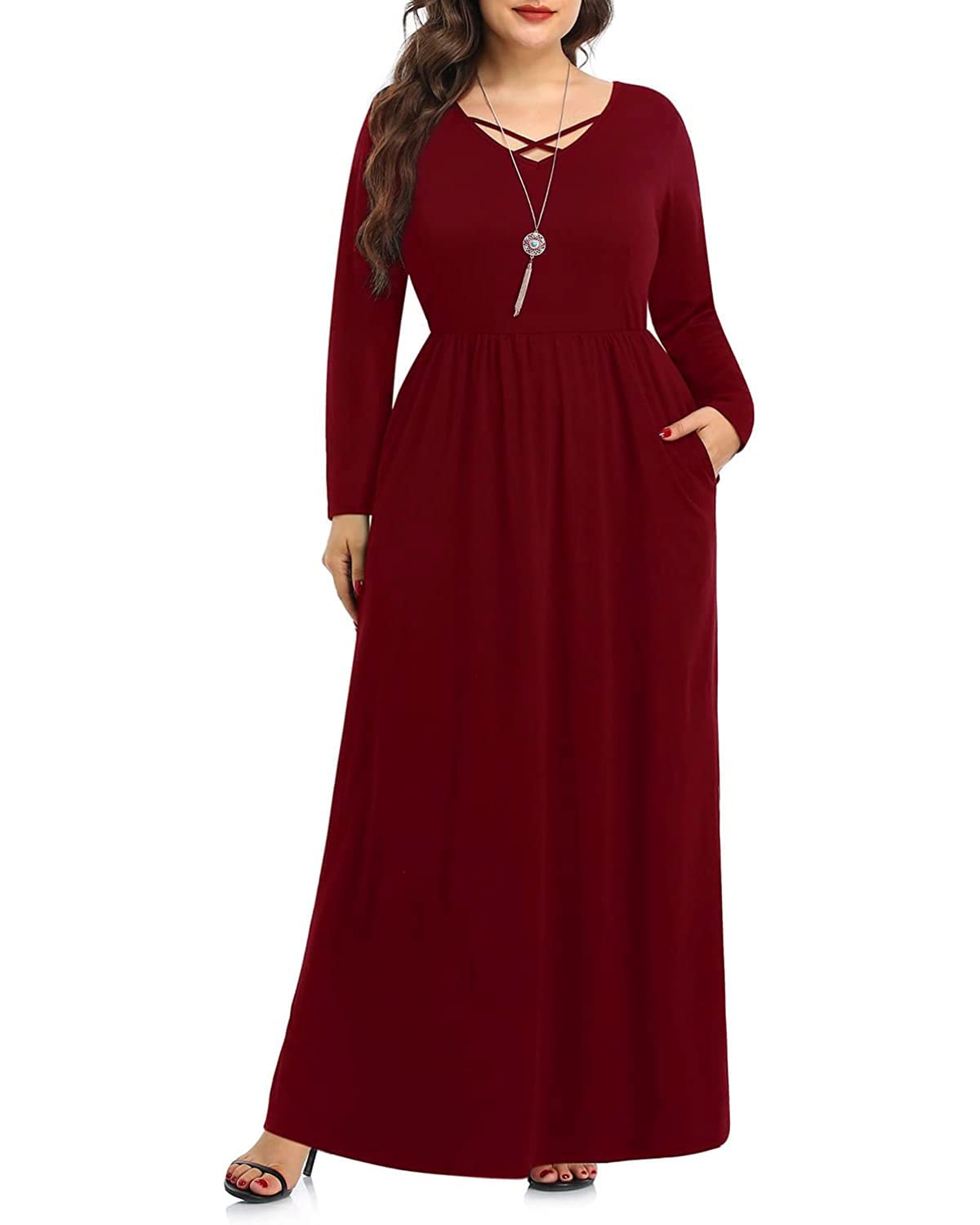 Plus Size Long Sleeve Maxi Dresses for Women - Soft Casual Pinup Fashion with Pockets | Perfect for Date Night, Office Wear & Fall Outfits