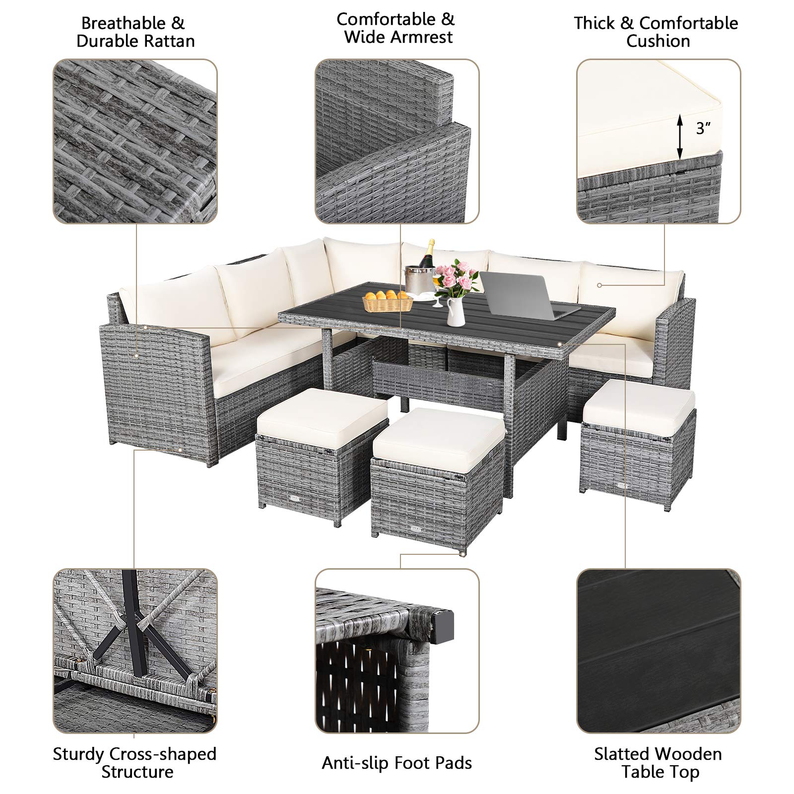 HAPPYGRILL 7-Piece Rattan Patio Furniture Set with Cushions - PE Wicker Outdoor Sofa, Dining Table & Ottomans for Backyard, Poolside, Balcony, Garden - Perfect for Relaxing, Entertaining & Outdoor Dining