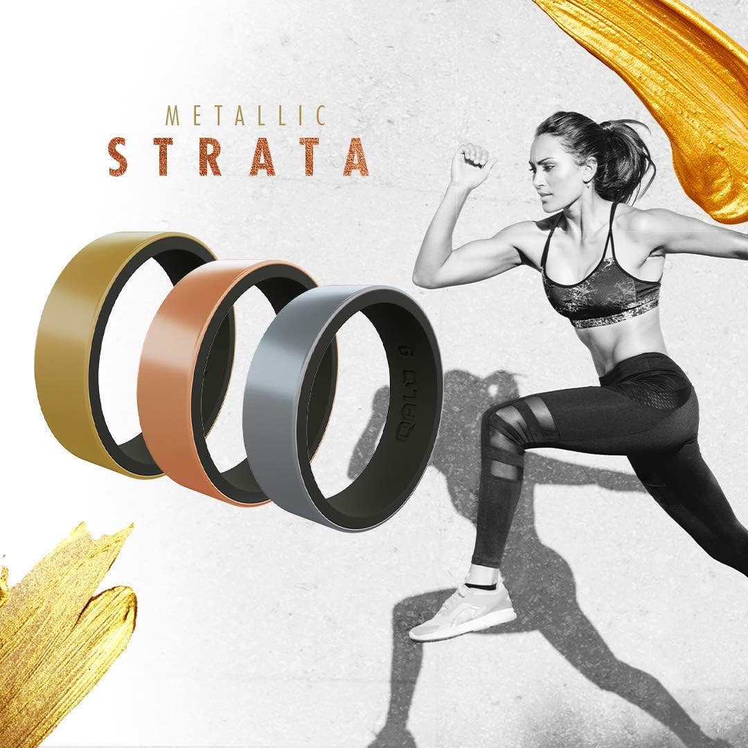 QALO Women's Metallic Blank Strata Silicone Wedding Ring - Comfort Fit, Breathable & Durable Engagement Band for Active Lifestyles, Gym, Swimming & Outdoor Adventures