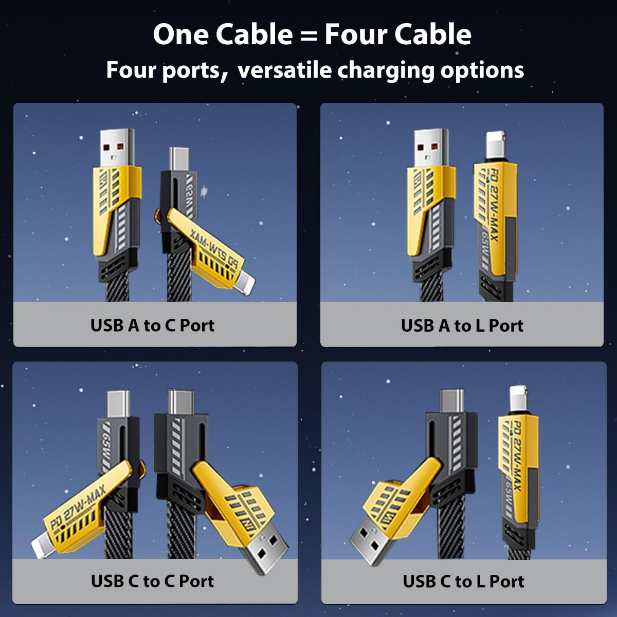 65W 4-in-1 USB C Charging Cable with Lightning Connector - 4FT Flat Braided Fast Charger Cord for iPhone, iPad, Samsung & More - Perfect for Home, Office & Travel Charging Needs