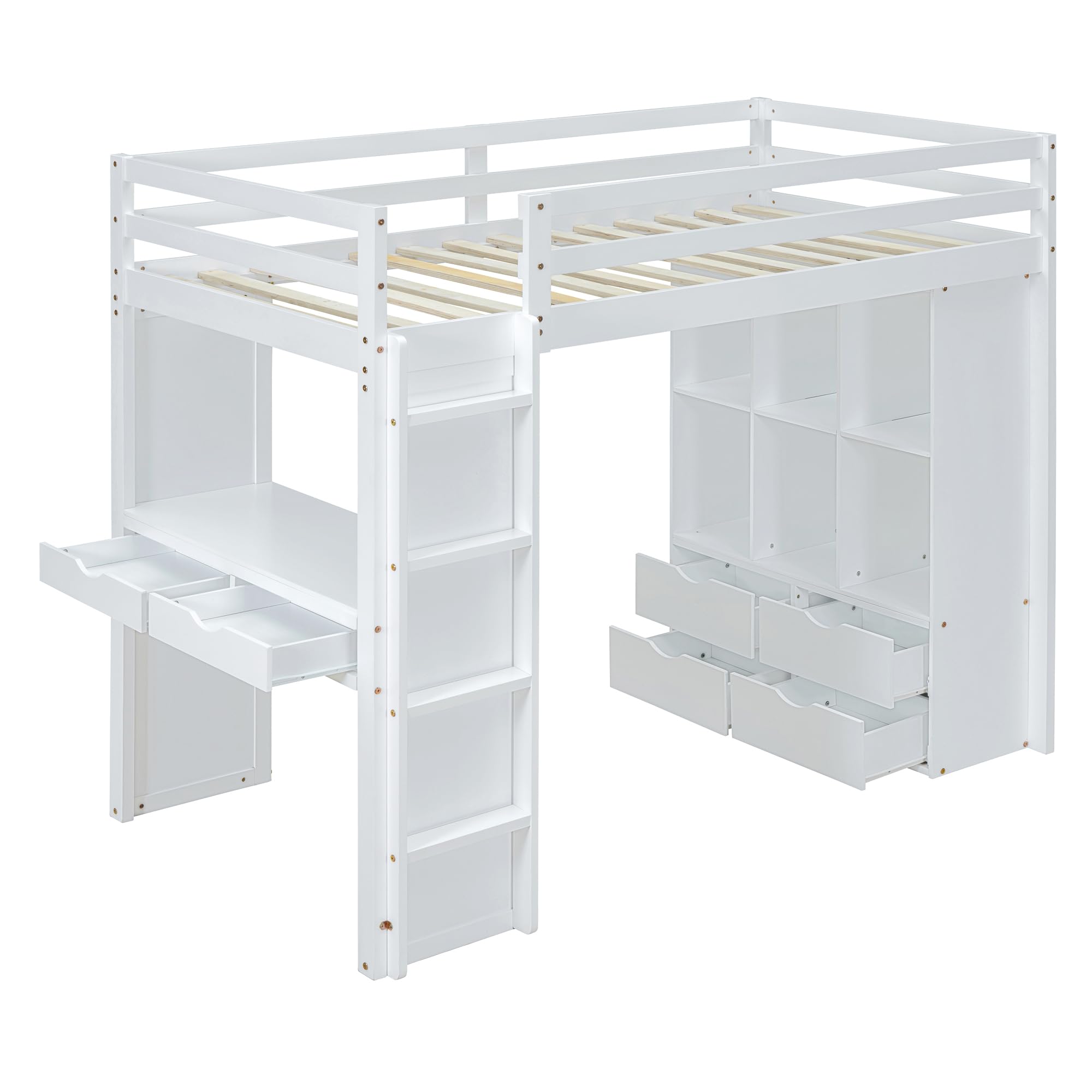 Harper & Bright Designs Full Size Loft Bed with Desk & Storage Shelves - White Wooden High Loft Bed Frame with LED Lights for Kids, Teens, Boys & Girls - Perfect for Small Bedrooms, Dorm Rooms & Space-Saving Kids' Rooms