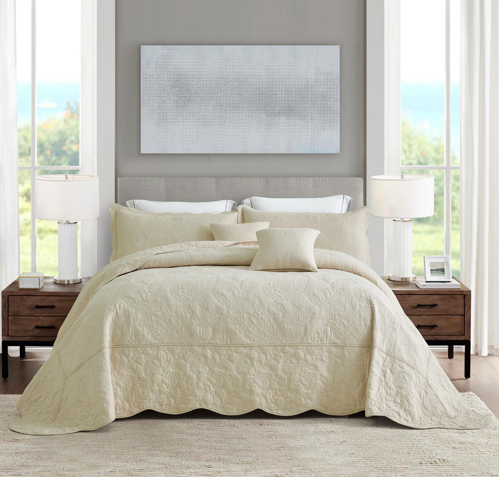 Reversible Paisley Oversized Cotton Bedspread Set - Lightweight 5-Piece King Size Bedding Cover in Khaki | Perfect for Master Bedroom, Guest Room & Dorm Decor
