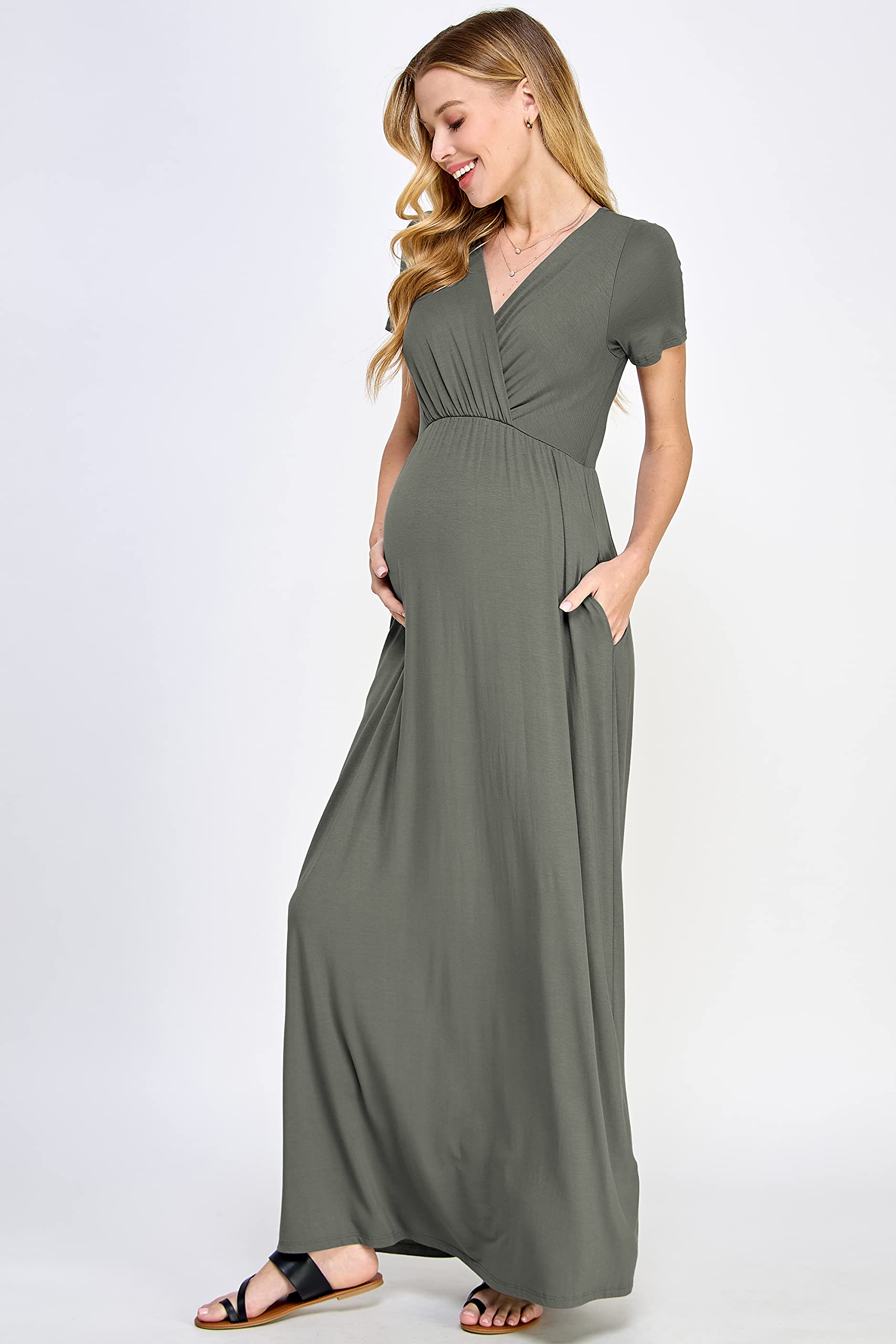 LaClef Women's Maternity Maxi Dress with Side Pockets - Flowy Pregnancy Dress for Baby Shower, Maternity Photoshoot, Beach Vacation & Everyday Comfort