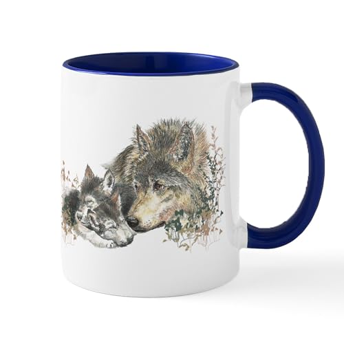 White/Navy Inside - Watercolor Wolf Parent Cubs Small Mugs
