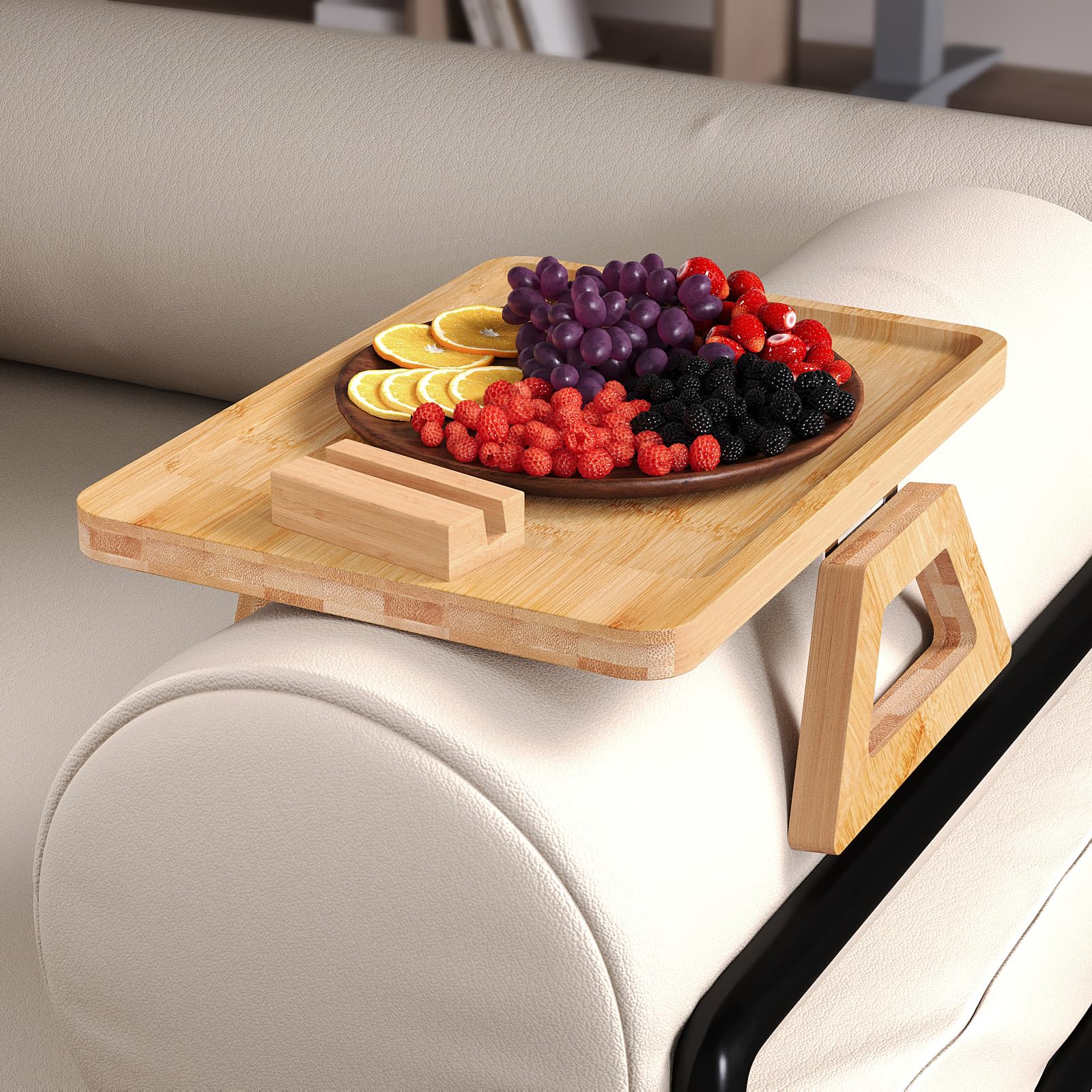 360° Rotating Bamboo Sofa Tray - Foldable Armrest Tray for Drinks, Snacks & Phone - Perfect for Living Room Relaxation