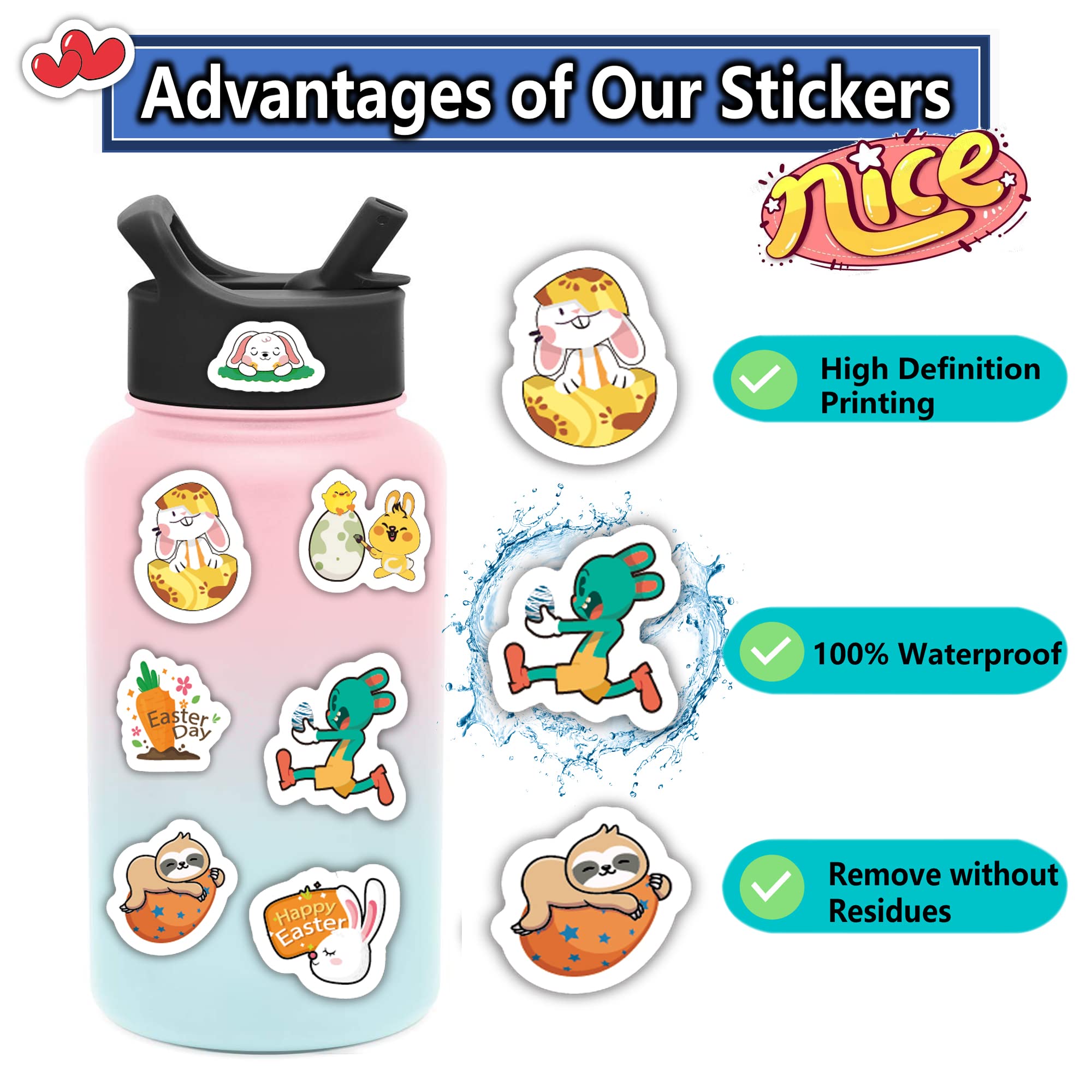 100Pcs Easter Stickers for Kids - Bunny, Egg & Spring Themed Vinyl Waterproof Stickers - Perfect for Scrapbooking, DIY Crafts, Party Favors & Easter Gifts - Classroom, Home Decor & Kids Activities