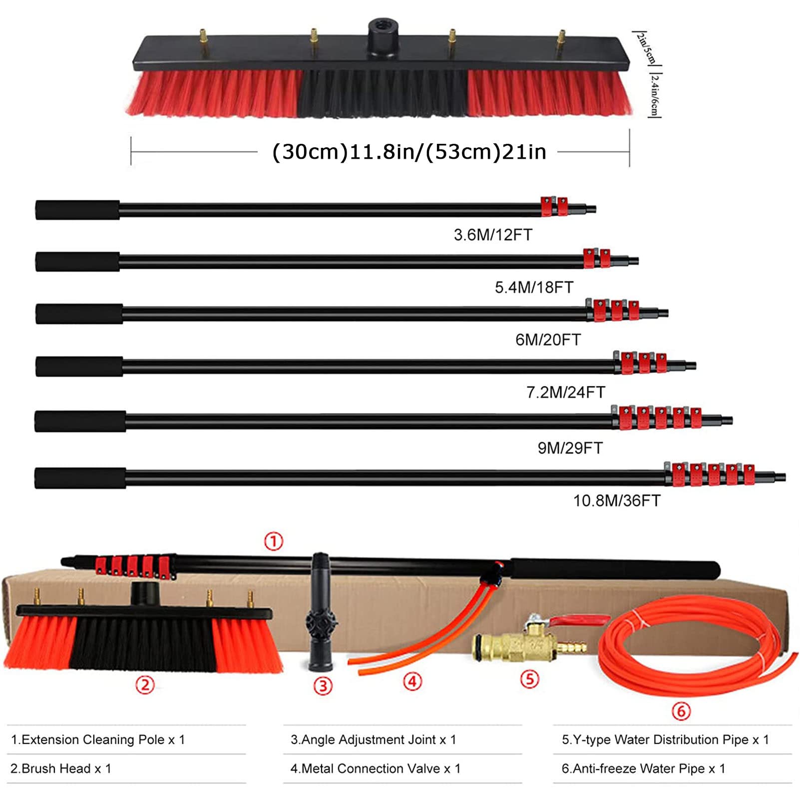 ANUU Water Fed Pole Window Cleaning Kit - 12M/39FT Aluminum Telescopic Pole with 30cm Brush & Hose - Professional Outdoor Cleaning System for Windows, Solar Panels & Glass Surfaces - Perfect for High-Rise Buildings & Hard-to-Reach Areas