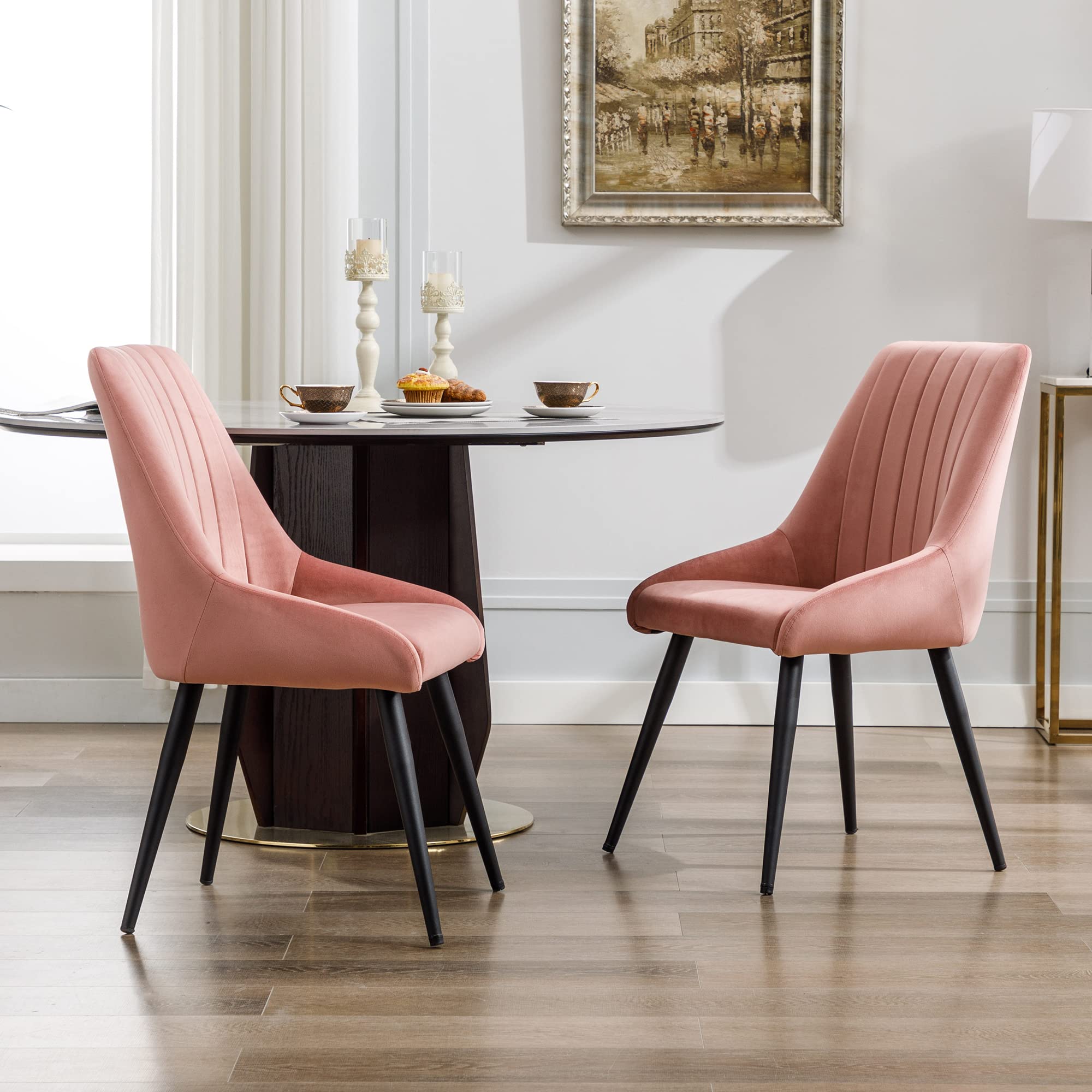 DUHOME Mid Century Modern Velvet Dining Chairs Set of 2 - Upholstered Tufted Armless Accent Chairs with High Back, Pink Leisure Chairs for Dining Room, Living Room & Bedroom | Perfect for Home Decor, Small Spaces & Apartment Dining