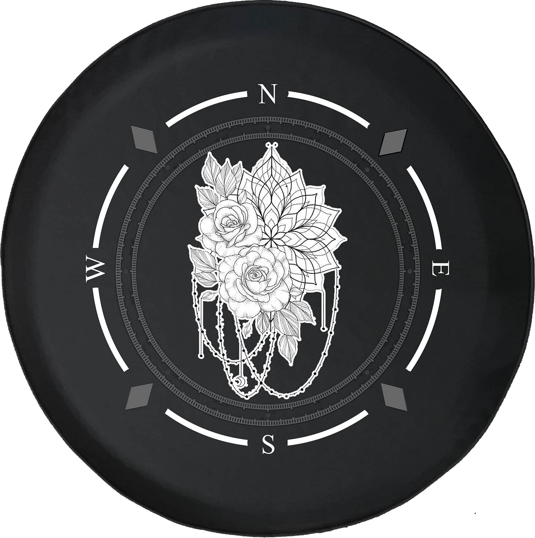 American Unlimited Spare Tire Cover with Compass Mandala Roses Lotus Flower Tattoo Design - Universal Fit for SUV, Trailer, RV & Most Vehicles - Durable Wheel Protector for Off-Road Adventures & Camping Trips