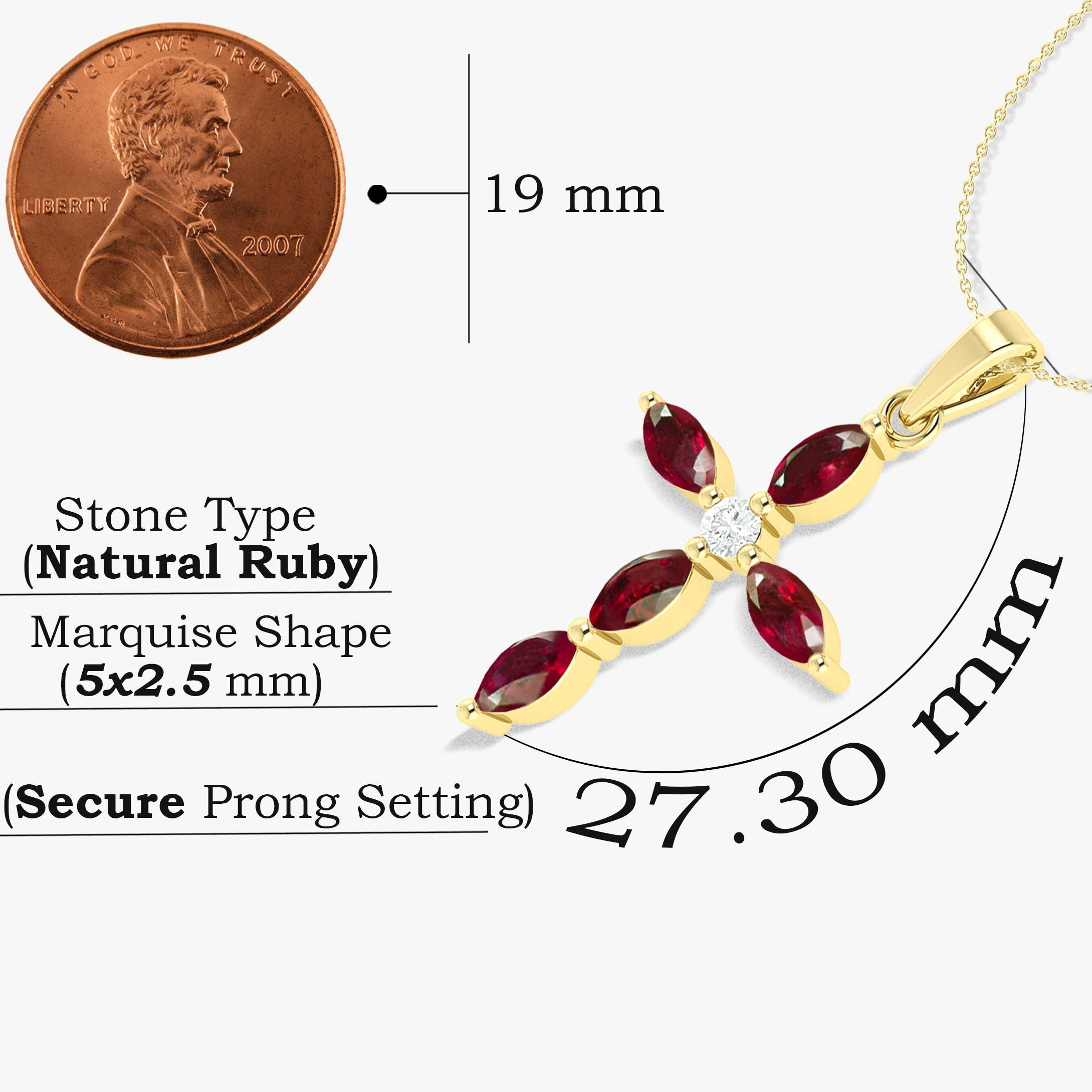 Natural Ruby Cross Charm Pendant Necklace for Women - Genuine Gemstone Jewelry Gift for Christmas, Baptism & Everyday Wear