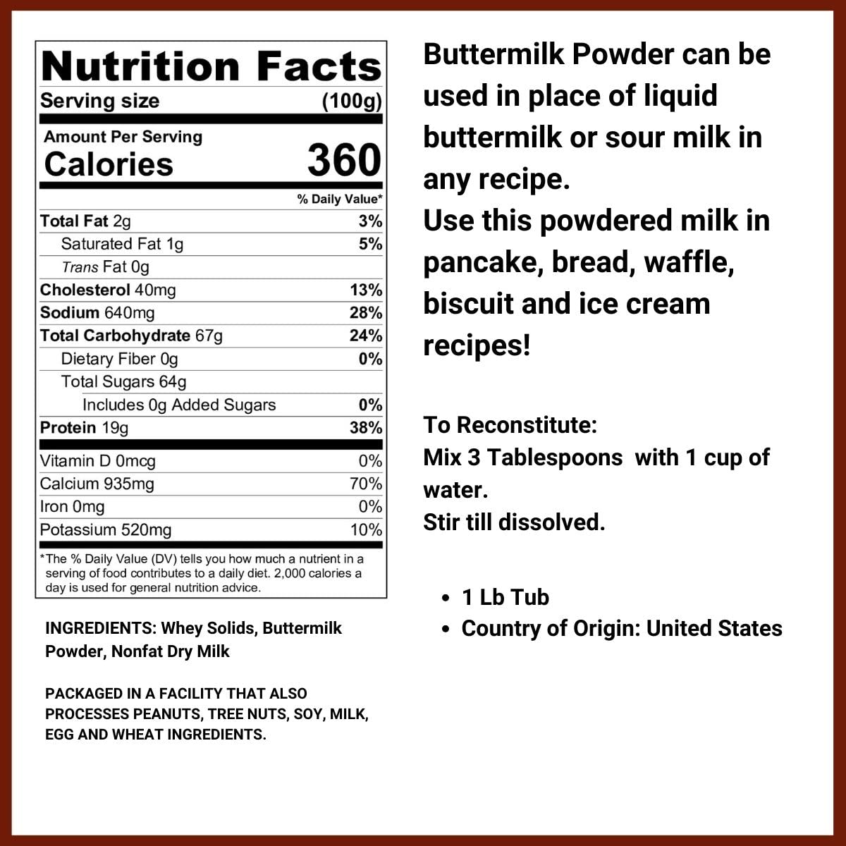 Buttermilk Powder - 1.25 Lb (20 Oz) - Premium Baking Ingredient for Pancakes, Biscuits & Desserts | Long Shelf Life & Easy Storage