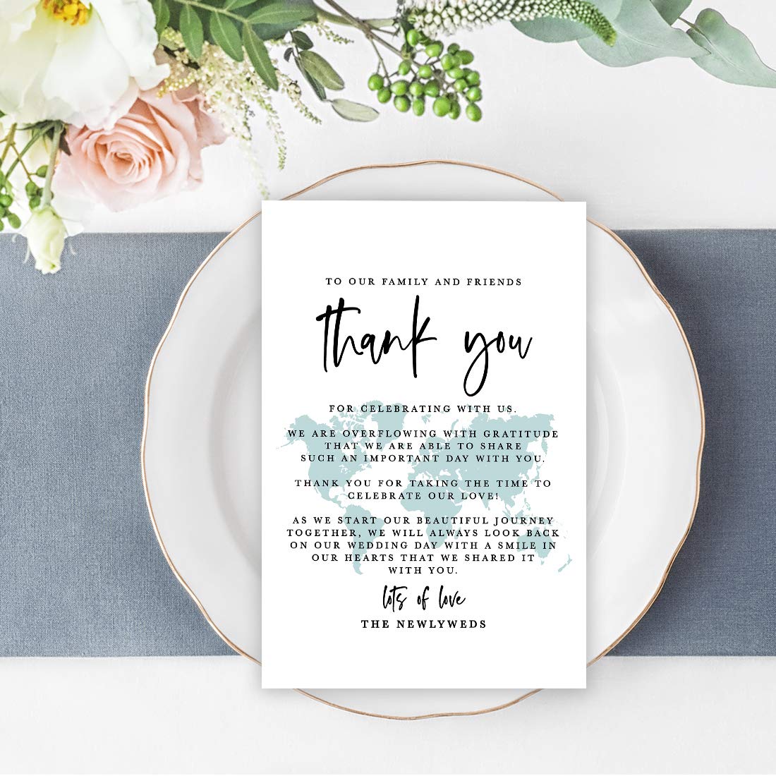 Andaz Press Watercolor Destination Wedding Thank You Place Cards - 56-Pack, 4 x 6-Inch - Elegant Table Seating Cards for Wedding Reception, Dinner Plates & Guest Favors - Perfect for Beach, Garden & Rustic Weddings