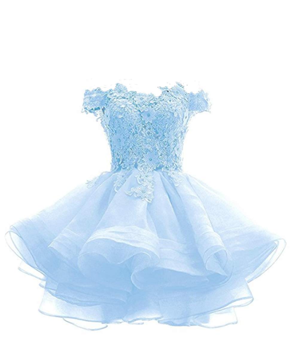 Angela Women's Off The Shoulder Organza Short Prom Homecoming Dresses Sky Blue - Elegant Party Dress for Prom, Homecoming, Cocktail Parties & Special Occasions