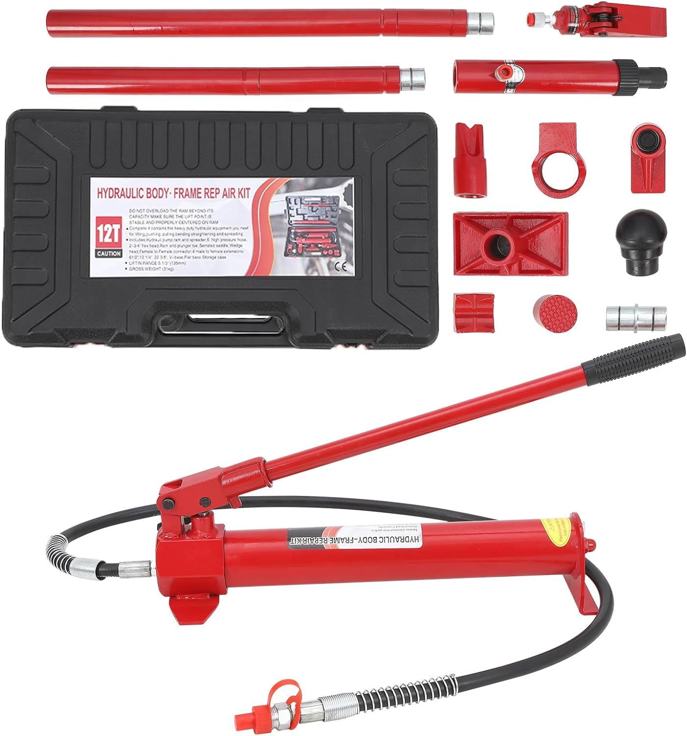 12 Ton Hydraulic Porta Power Kit with 4.7ft Oil Hose - Heavy Duty Portable Hydraulic Jack for Construction, Truck Repair & Farm Equipment - Ideal for Vehicle Lifting, Load Handling & Workshop Use