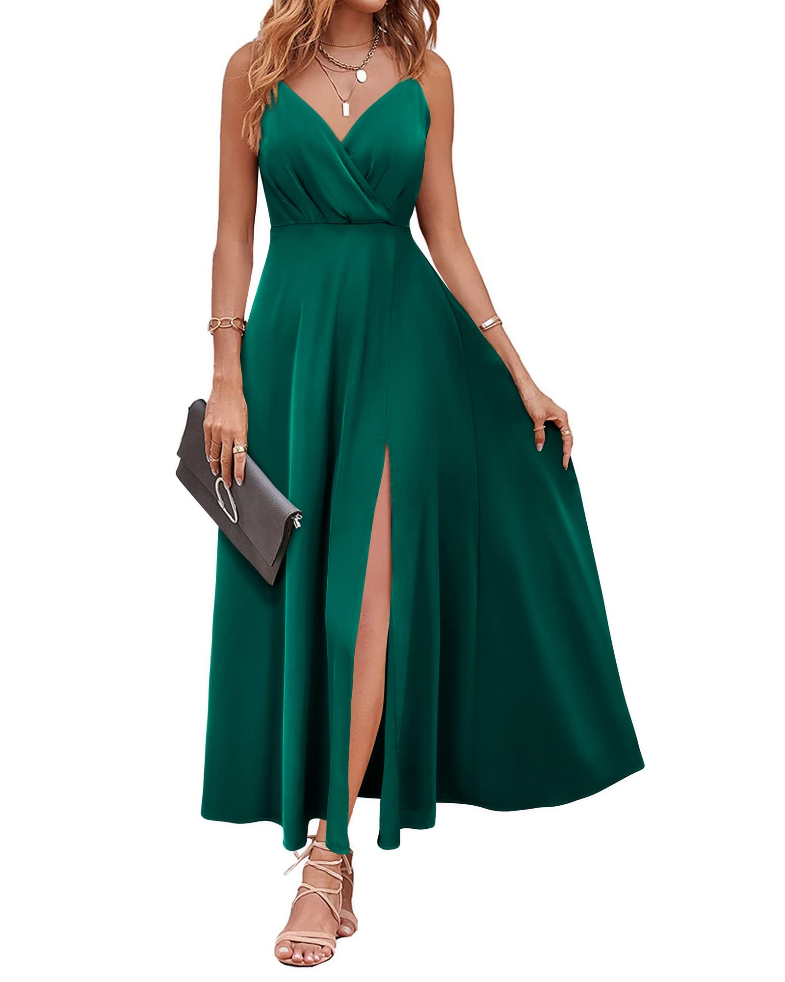 Newshows Women's 2024 Summer V-Neck Satin Cocktail Dress - Spaghetti Strap Sleeveless Long Slit Maxi Dress for Wedding Guest, Party, Evening & Special Occasions