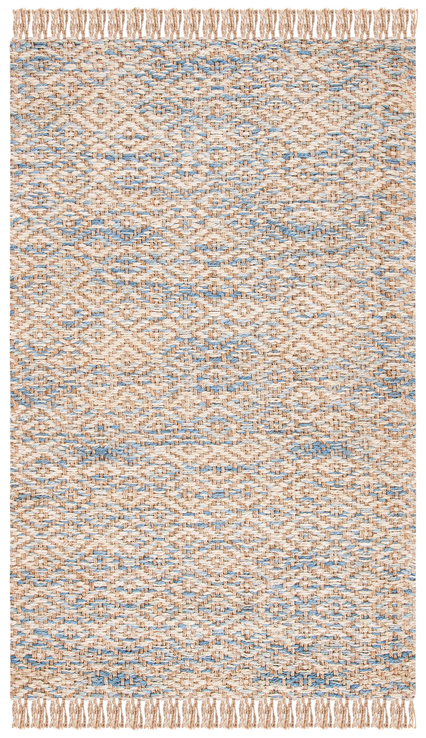 SAFAVIEH Handmade Woven Jute Area Rug 5' x 8' - Natural & Blue, Fringe Detail, Eco-Friendly Natural Fiber for Living Room, Bedroom & High Traffic Areas | Durable Floor Decor for Cozy Home & Office Spaces (NF822A)