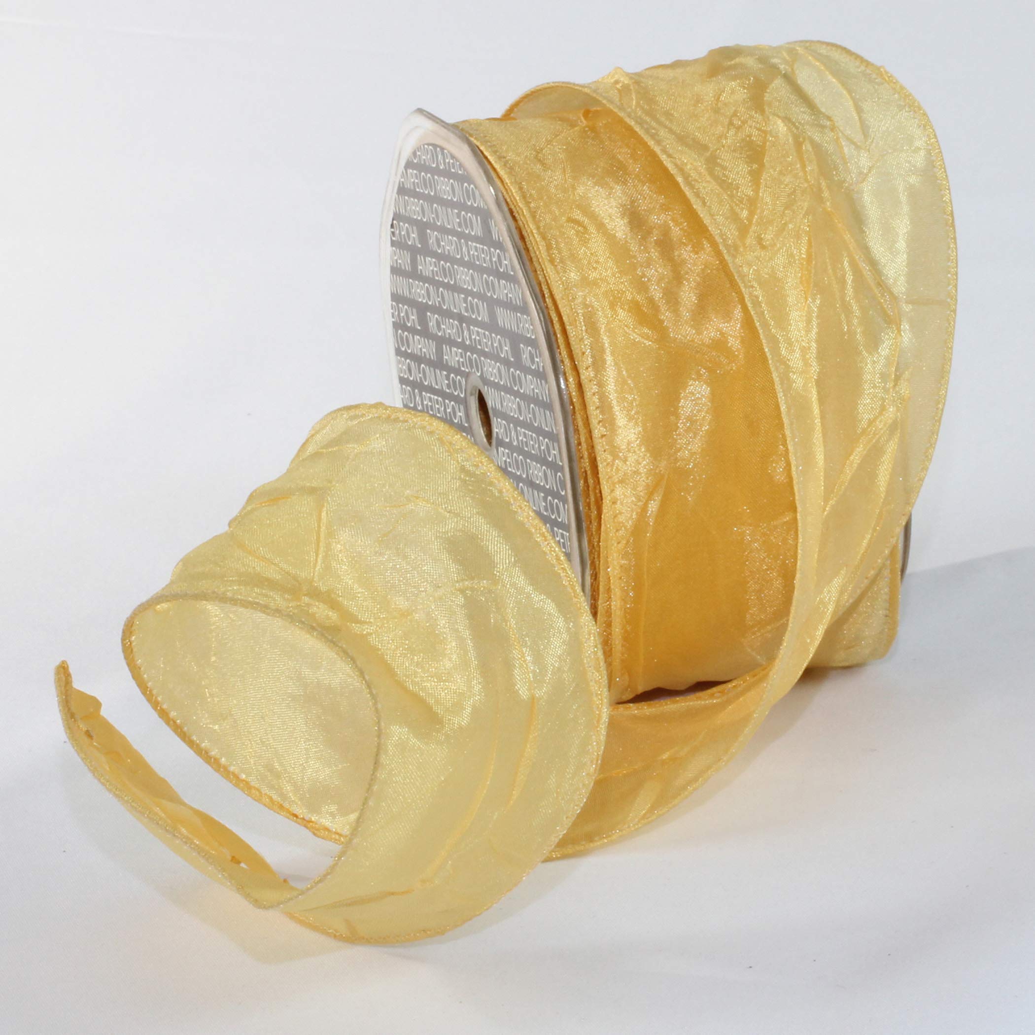 Shimmering Gold Crinkled Satin Silk Wired Craft Ribbon - 2 Inch x 27 Yards for Gift Wrapping, Wedding Decor, DIY Crafts & Party Decorations