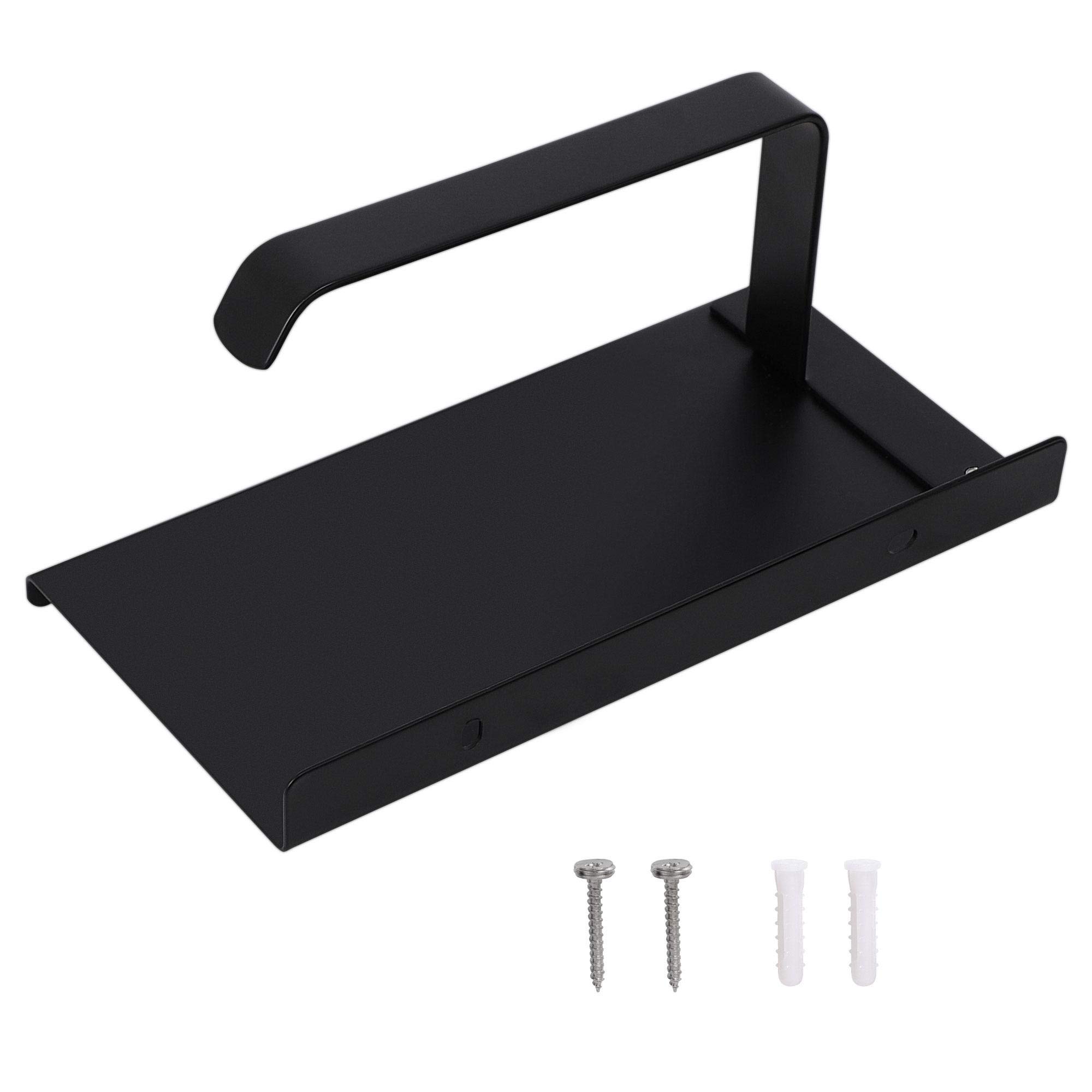 Stainless Steel Black Toilet Paper Holder with Phone Shelf - Wall Mounted Bathroom Tissue Towel Holder - Matte Finish for Modern Homes & Office Restrooms