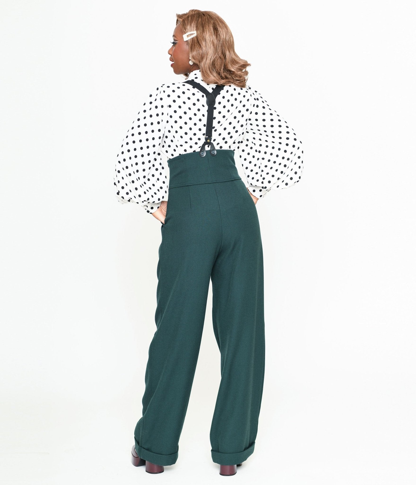 Vintage Dark Emerald Green Thelma High Waisted Suspender Pants for Women - Retro 70s Style Fashion, Perfect for Cosplay, Themed Parties & Everyday Wear