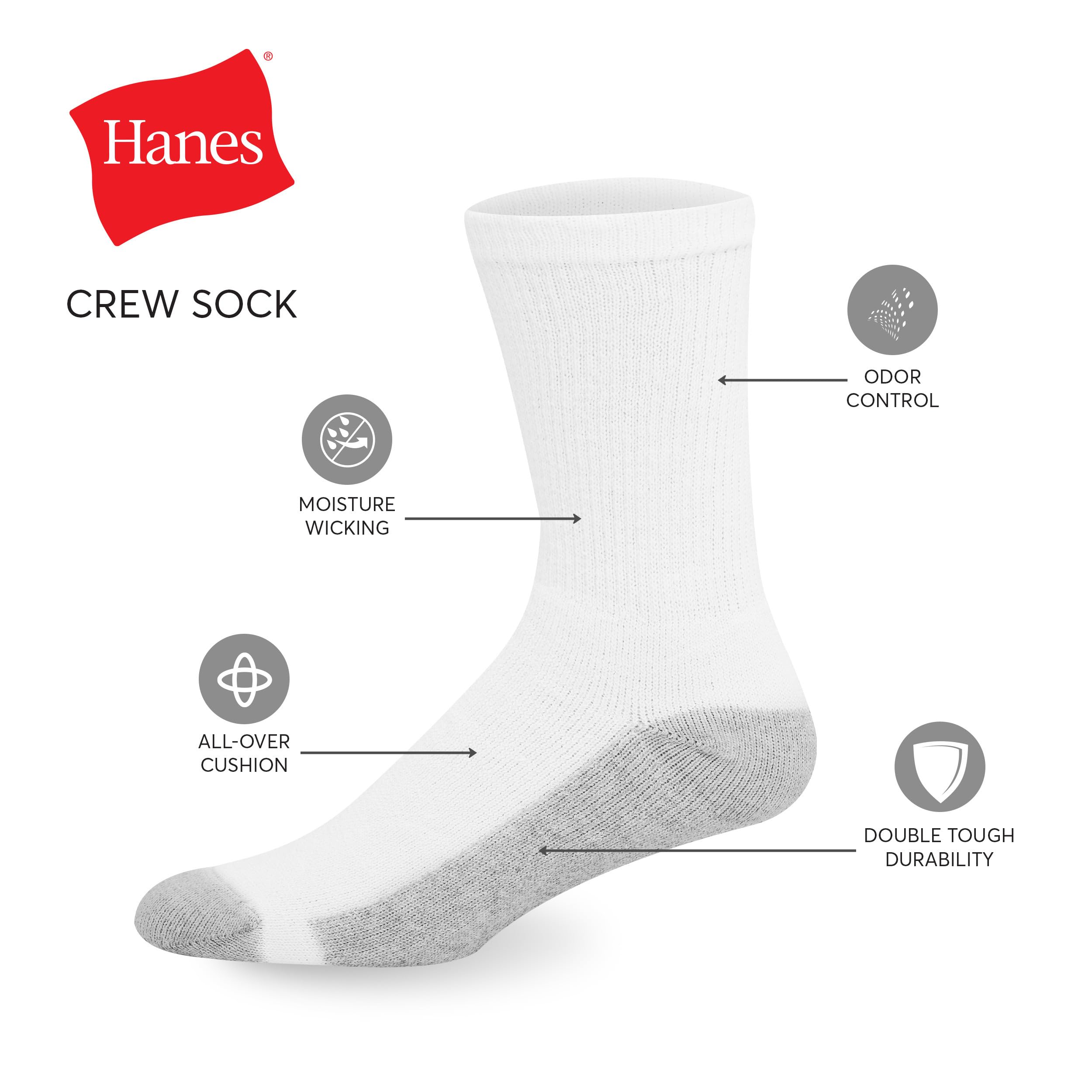 Hanes Men's Double Tough Crew Socks 12-Pair Pack - Durable Cotton Work Socks for Everyday Wear, Sports & Outdoor Activities
