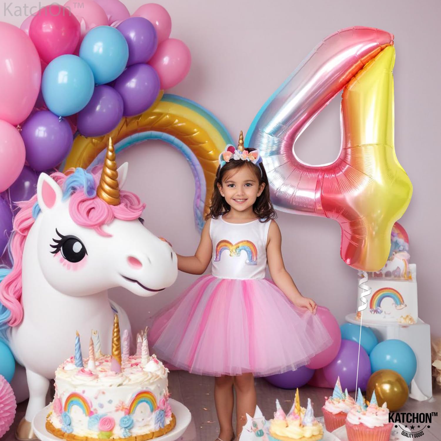 KatchOn Giant 40 Inch Rainbow Number 4 Balloon - Unicorn & Mermaid Birthday Party Decorations for 4th Birthday, Baby Shower, Gender Reveal, Photo Backdrop