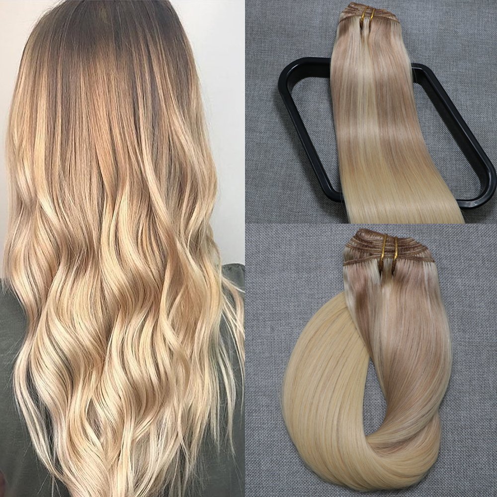Clip-In Double Weft Ombre Hair Extensions - Golden Brown to Bleach Blonde Balayage - 7pcs 16inch Human Hair (120g) for Volume & Length - Perfect for Parties, Weddings & Daily Styling