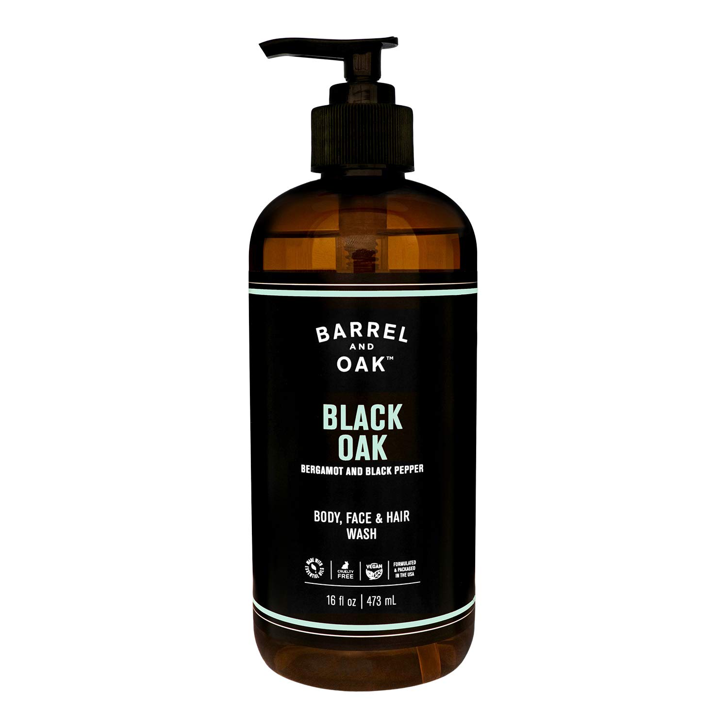 Barrel & Oak All-in-One Men's Body Wash, Hair & Face Cleanser - Refreshing Oil-Based Black Oak Scent (16 oz) for Shower, Gym & Travel