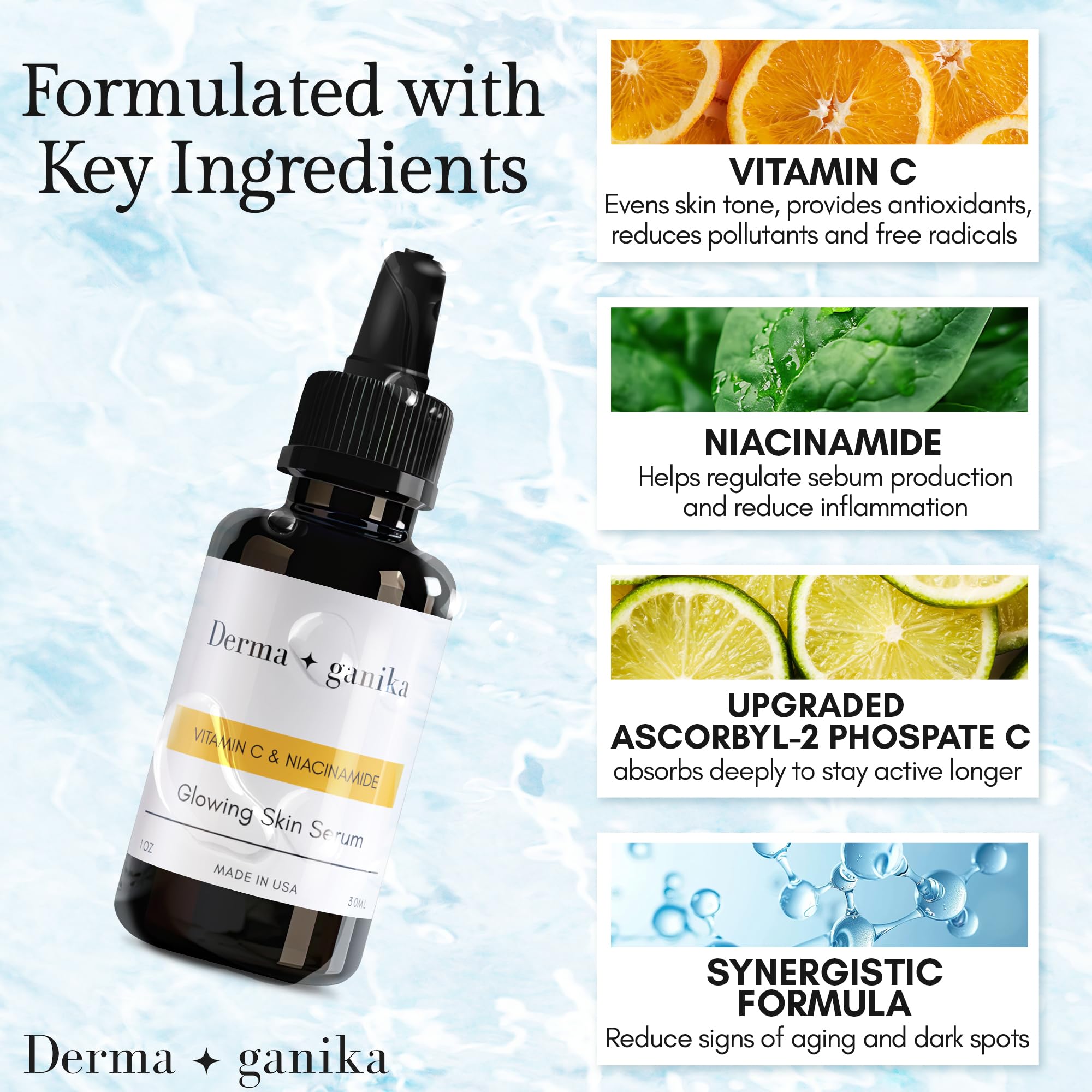 Derma Ganika Vitamin C & Niacinamide Serum for Face - USA Made Brightening & Anti-Aging Serum | Boosts Collagen, Evens Skin Tone, Reduces Dark Spots & Hyperpigmentation | Perfect for Daily Skincare Routine & Nighttime Use