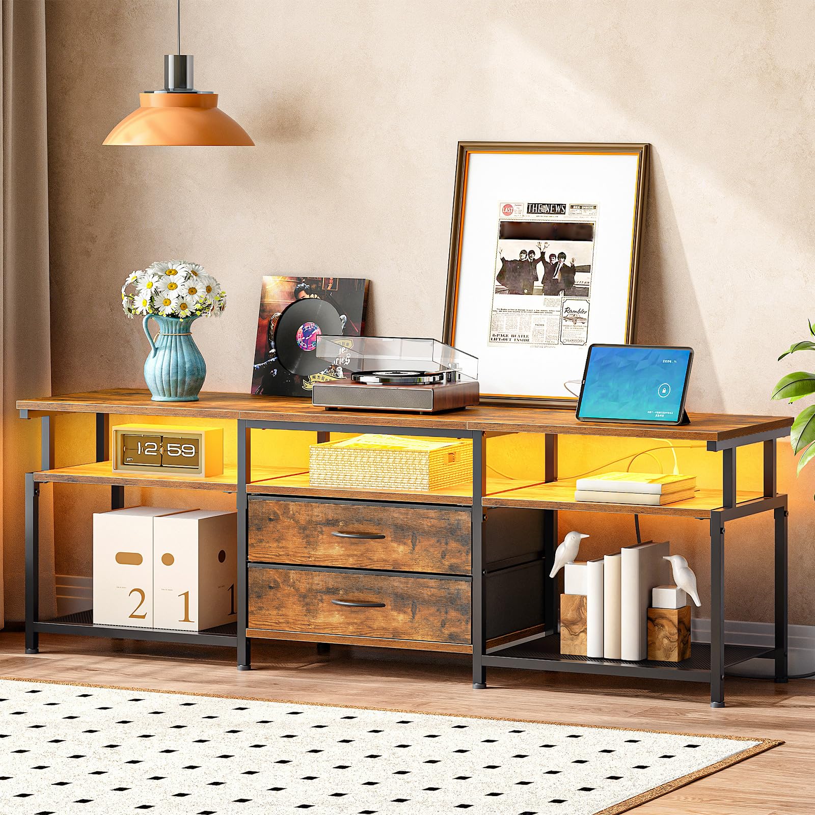 HOOBRO 75 Inch TV Stand with Power Outlet & LED Lights - Modern Rustic Brown Entertainment Center with 2 Non-Woven Drawers - Perfect for Living Room, Bedroom Home Theater Setup (Model BF55UDDS01)