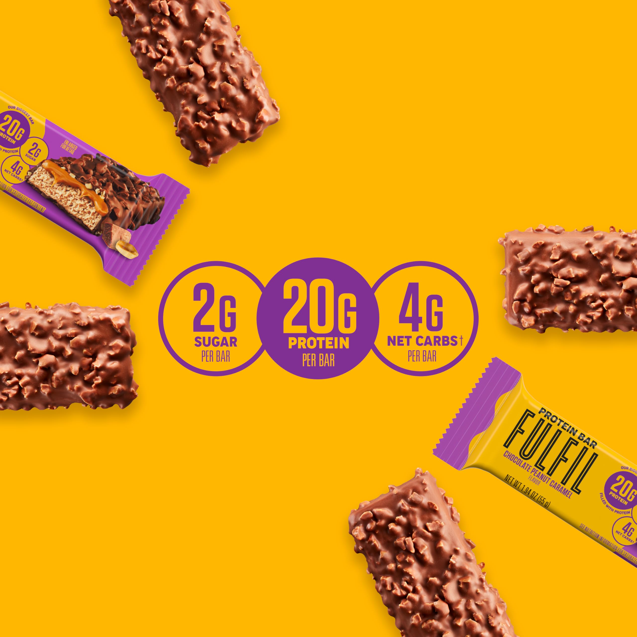 FULFIL High Protein Bars - Chocolate Peanut Caramel Flavor, 20g Protein per Bar, Gluten Free Snacks, Pack of 12 | Perfect for Gym Workouts, Hiking & Healthy On-the-Go Breakfast