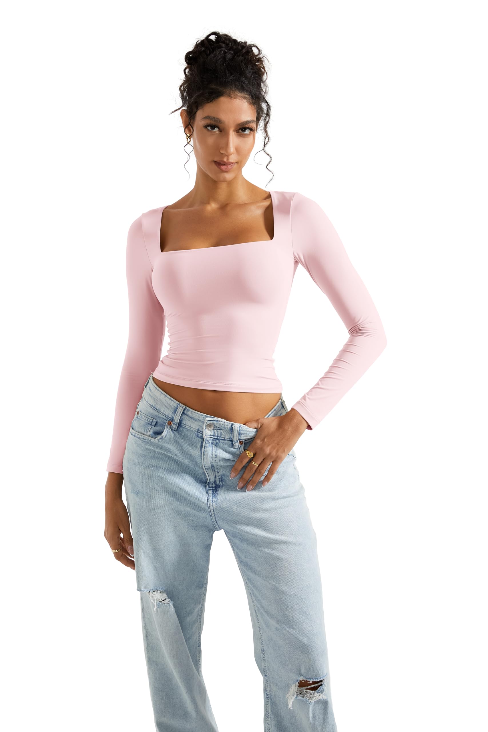 SUUKSESS Women's Square Neck Long Sleeve T-Shirt - Double Lined Casual Blouse for Going Out, Date Night, Office Wear & Everyday Outfits