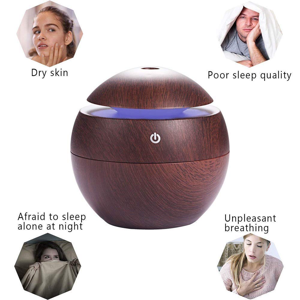 Wood Cool Mist Ultrasonic Humidifier & Essential Oil Diffuser with Colorful LED Lights - Auto Shut-Off for Home, Office, Car, and Travel - Perfect for Dry Air Relief, Aromatherapy, and Better Sleep