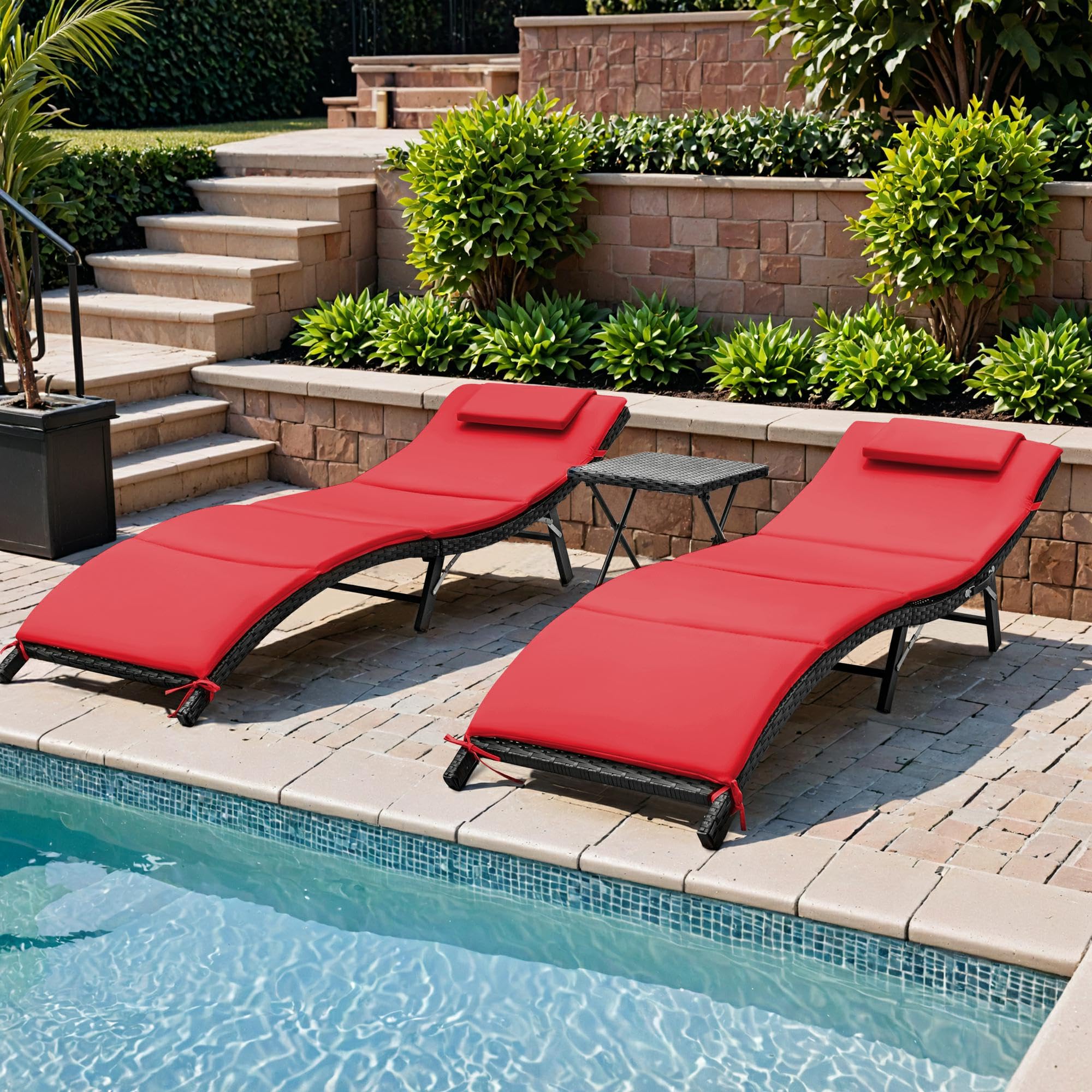 Flamaker 3-Piece Outdoor Chaise Lounge Set with Cushions - Modern PE Wicker Rattan Patio Furniture, Folding Chaise Lounger with Backrest & Side Table (Red) - Perfect for Poolside, Backyard, Garden Relaxation