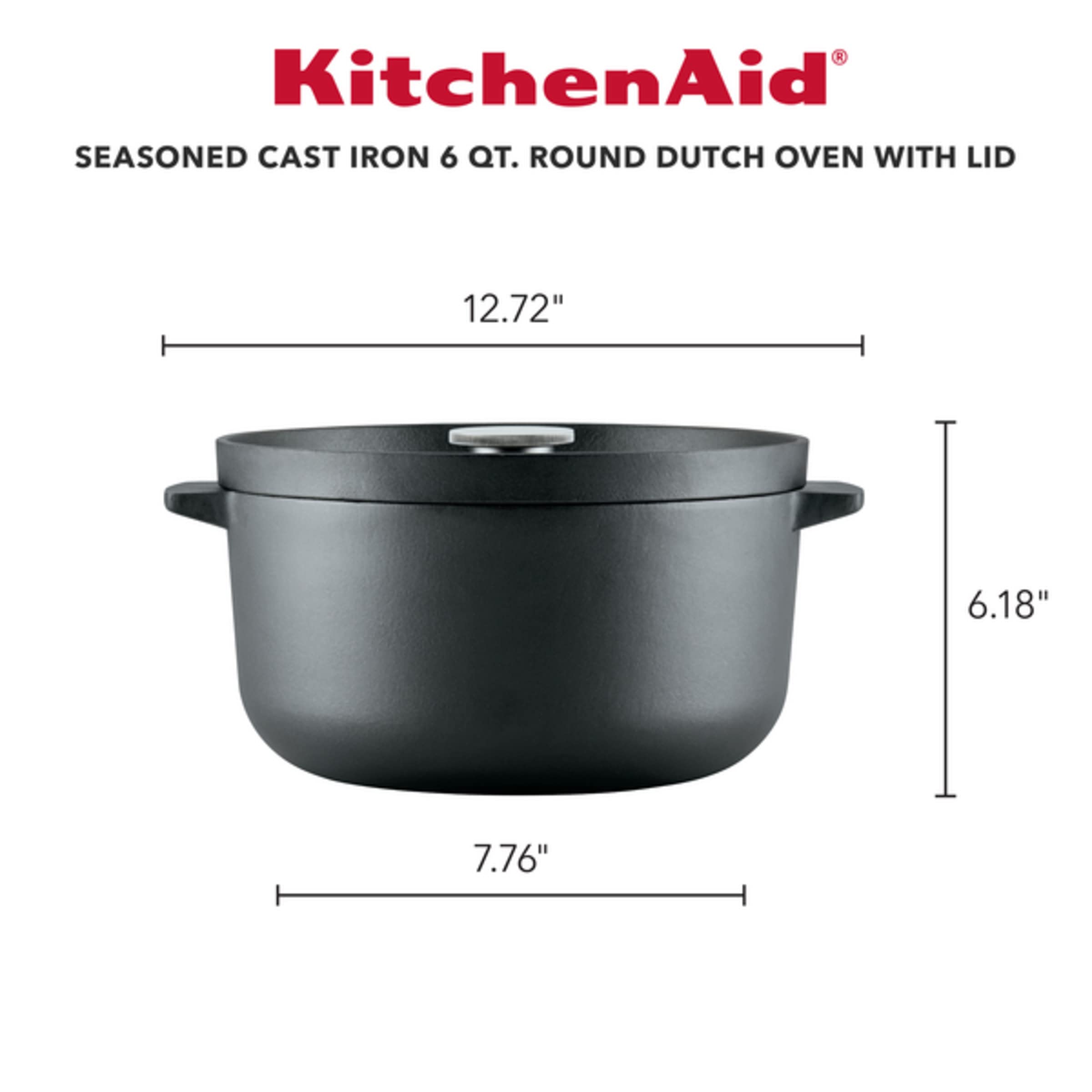 KitchenAid 6 Quart Seasoned Cast Iron Dutch Oven - Black Enameled Pot for Braising, Stewing & Baking | Perfect for Soups, Bread & Camping Meals