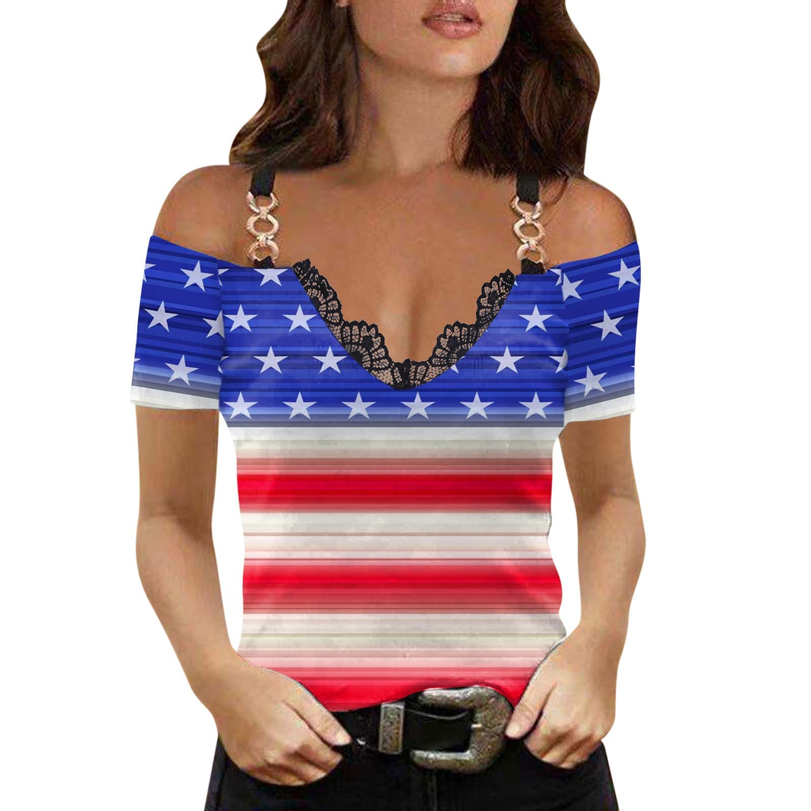 Women's Casual V-Neck Lace Short Sleeve T-Shirt - Patriotic Independence Day Printed Blouse | Summer Tops & Activewear for Women | Perfect for 4th of July Celebrations, Outdoor Activities & Everyday Wear