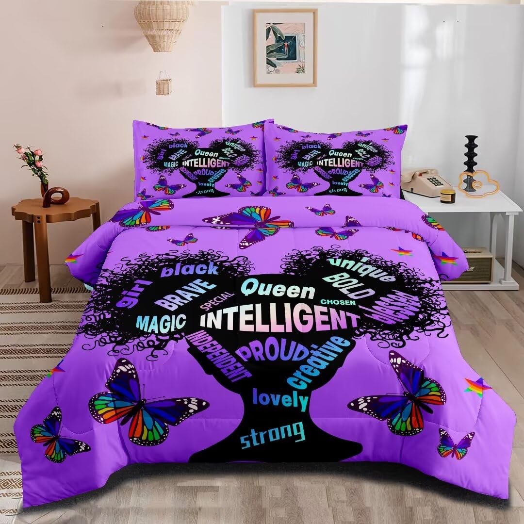 Black Girl Magic Comforter Set Full for Kids Teens Toddler - African American Inspirational Quotes Bedding Set with Princess Decor - Perfect for Girls' Bedroom, Dorm Room & Sleepovers