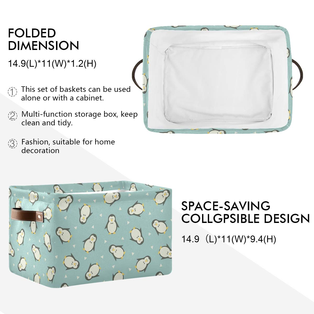 Blue Penguins Storage Baskets - Collapsible Rectangular Fabric Storage Bins for Home Organization (2-Pack) | Perfect for Kids' Room, Nursery, and Closet Storage
