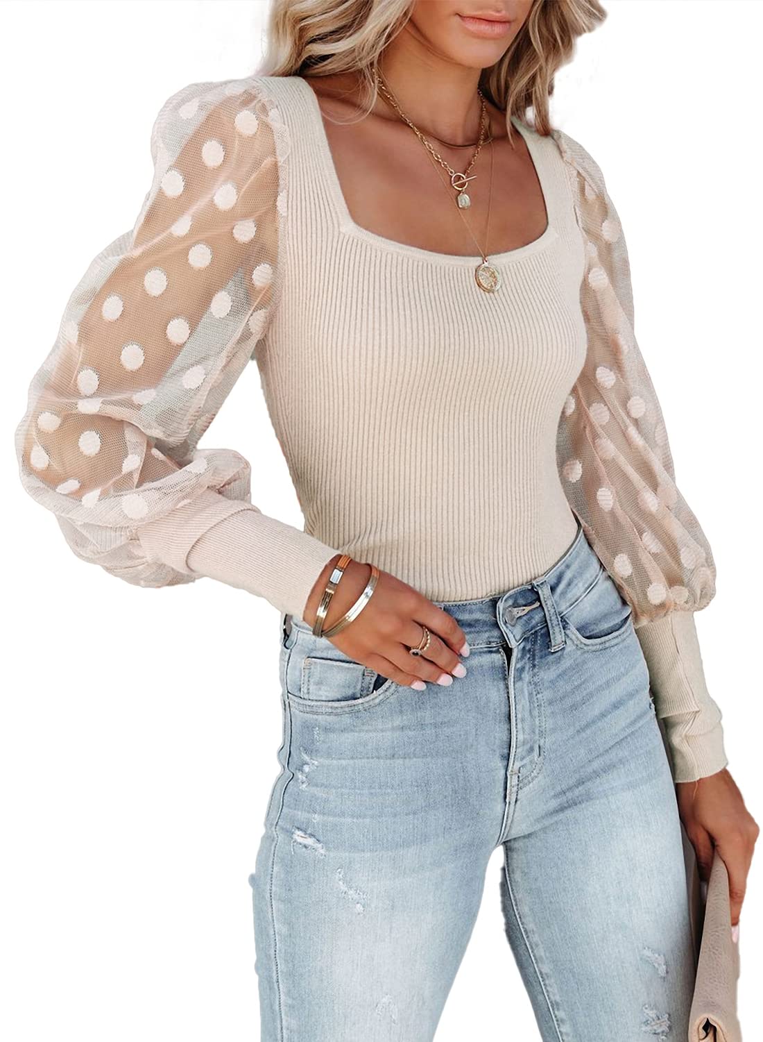 Miduo Women's Square Neck Polka Dot Balloon Long Sleeve Top - Slim Knit Ribbed Blouse for Casual Wear, Office & Date Night Outfits
